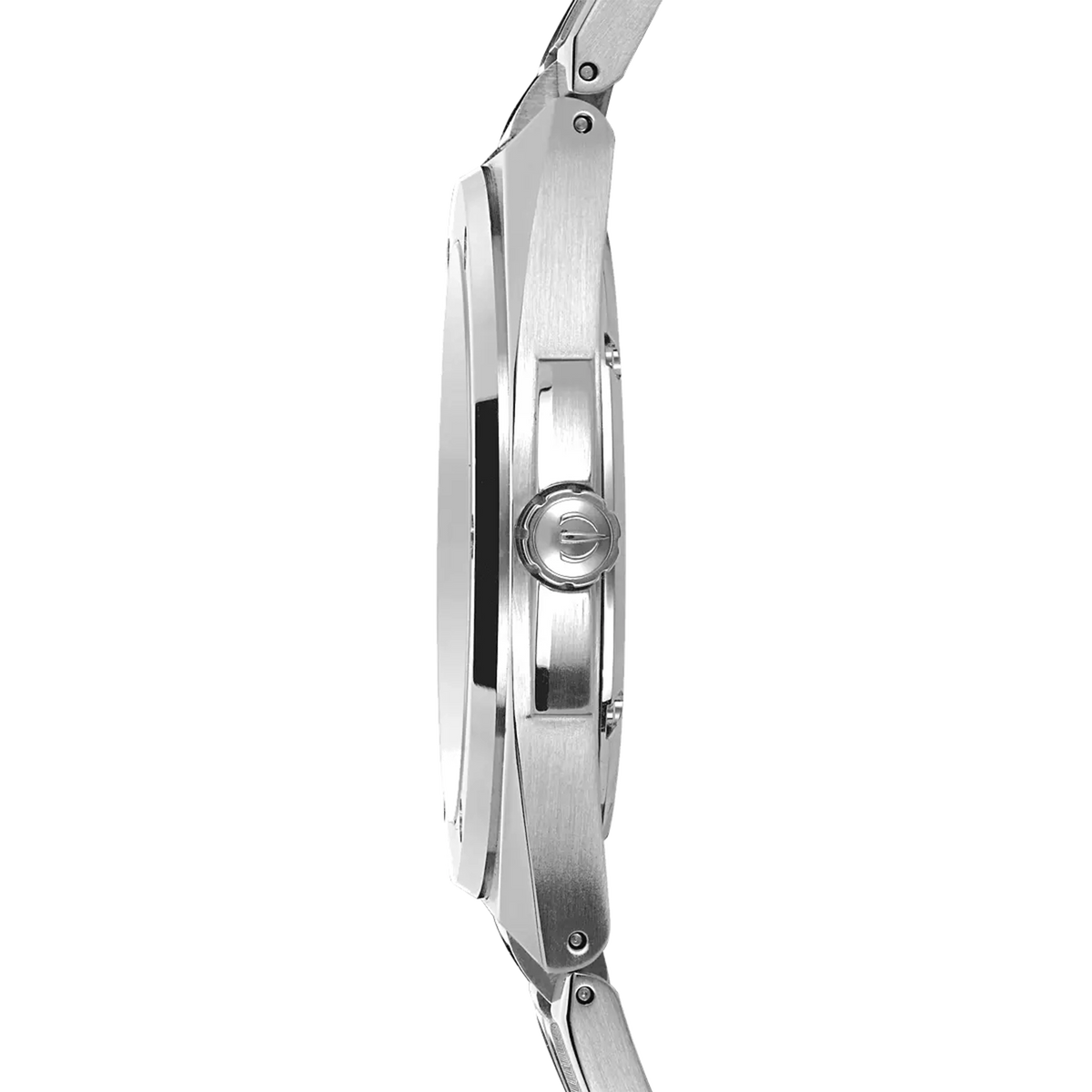 ⁣⁢Profile view, steel caseband, crown and steel bracelet attachments⁤⁣