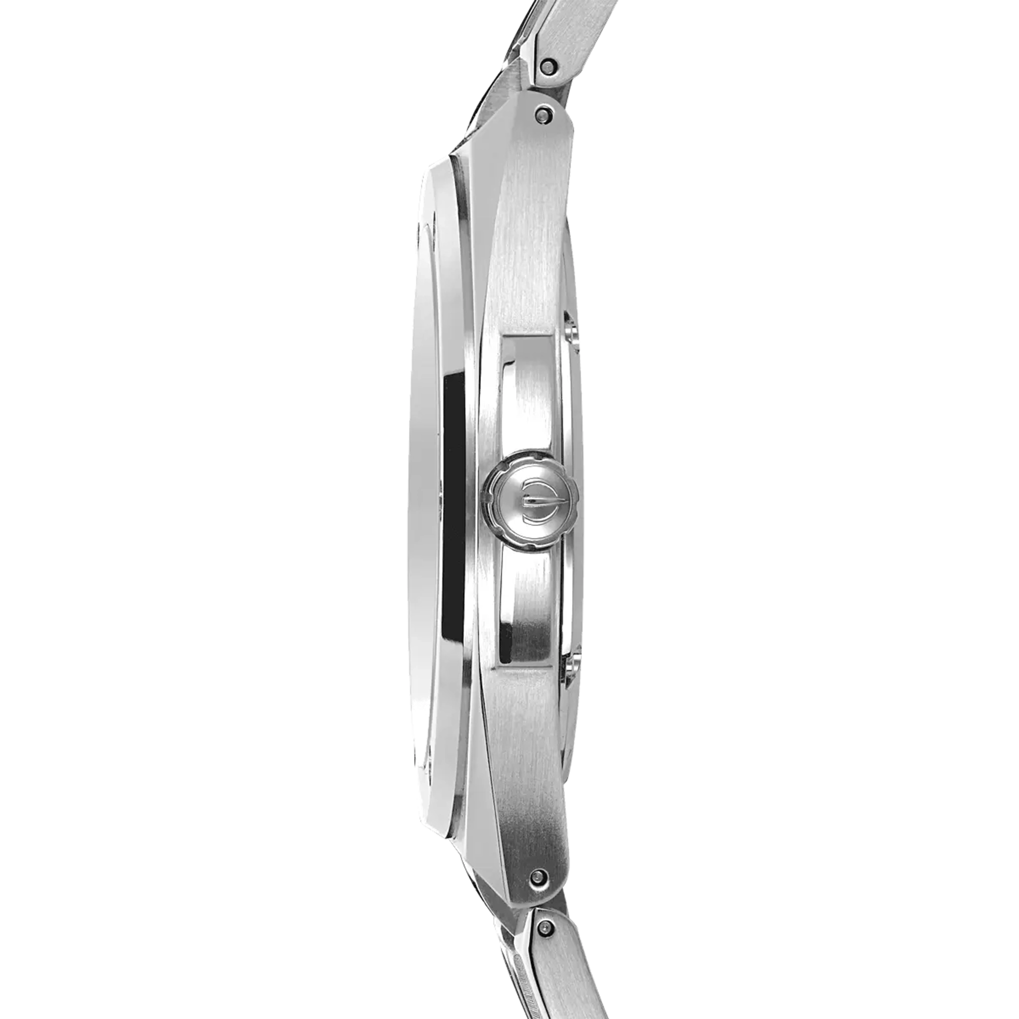 Vue de profil, tranche acier, couronne et attaches du bracelet acier