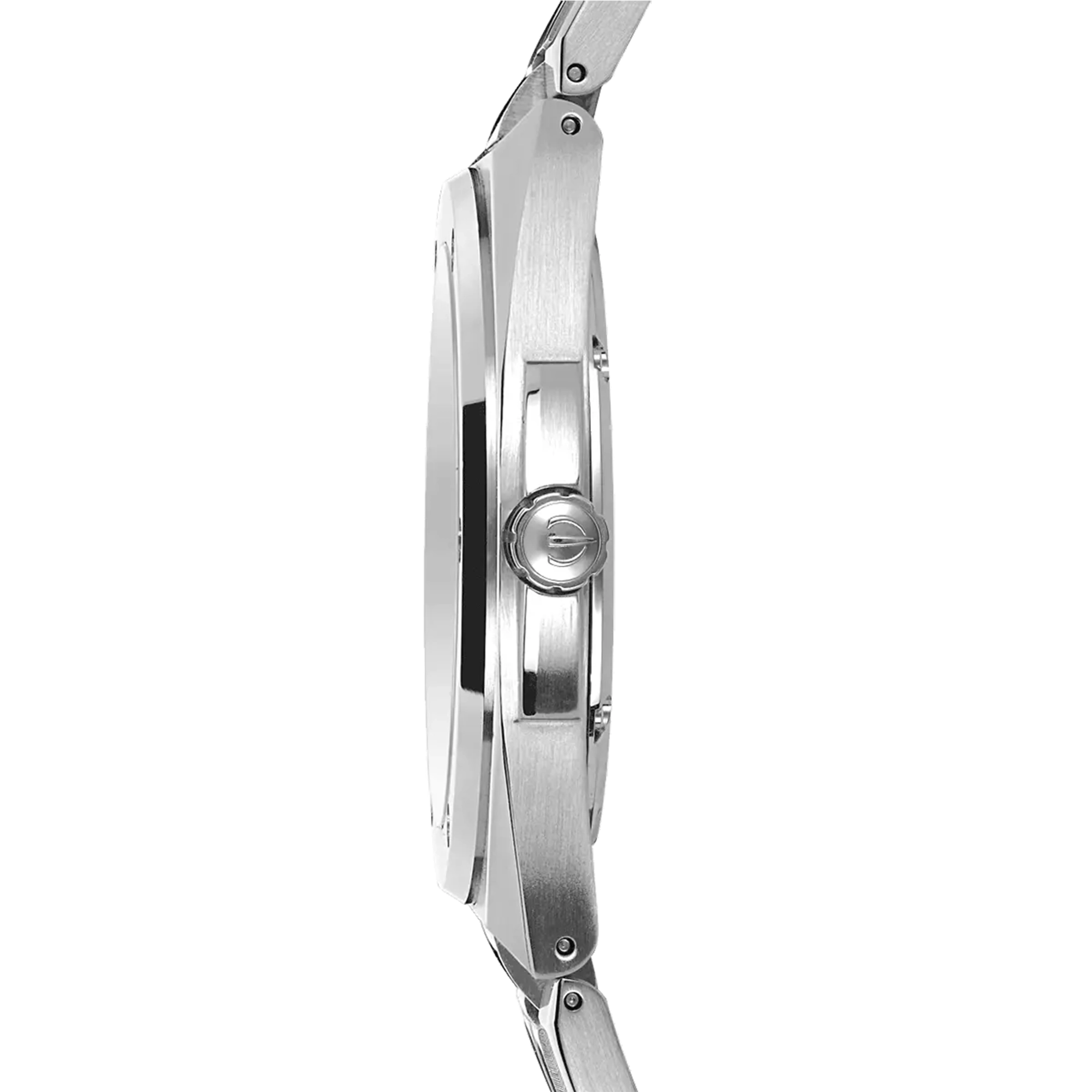 Vue de profil, tranche acier, couronne et attaches du bracelet acier