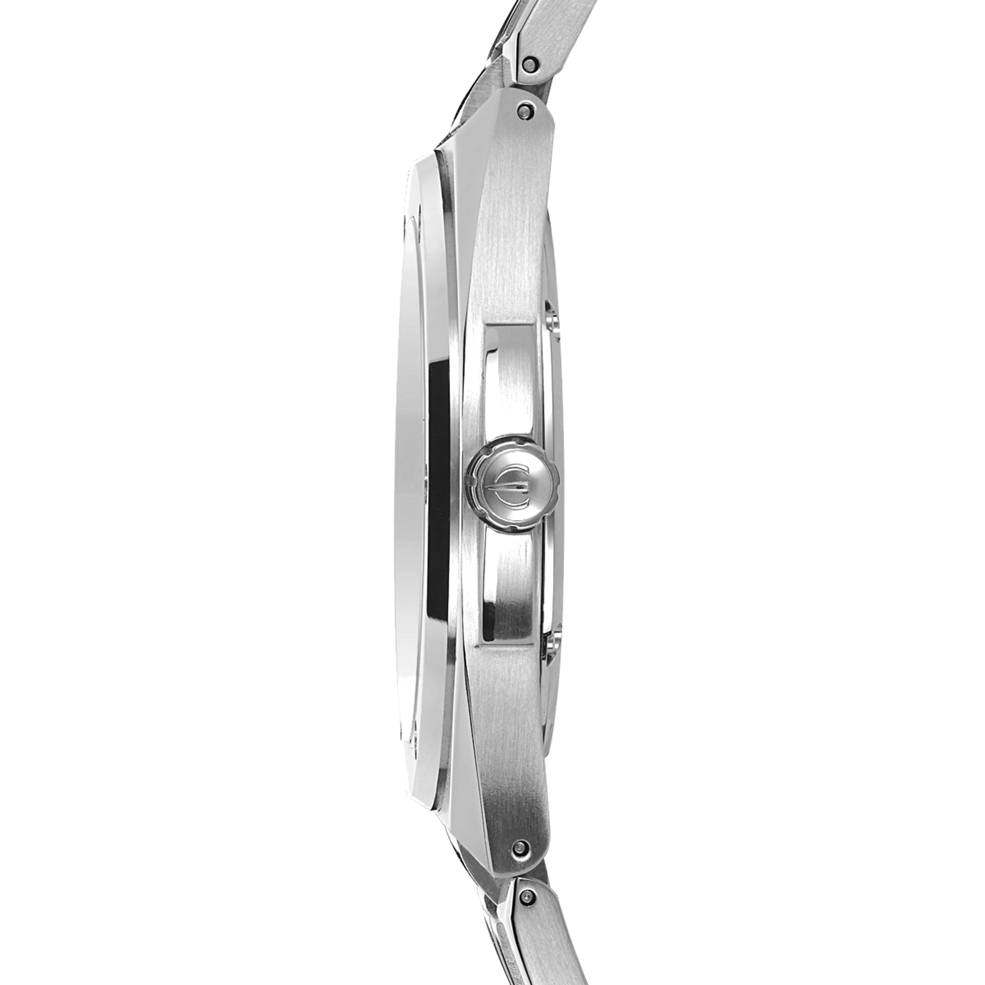 Vue de profil, tranche acier, couronne et attaches du bracelet acier