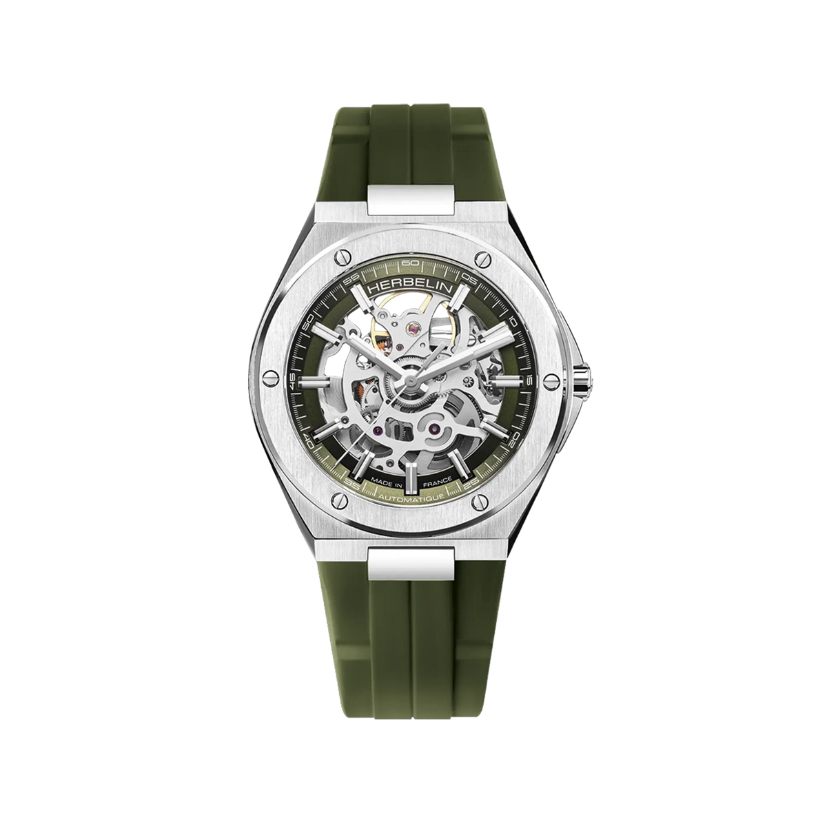 ⁣⁢Cap Camarat skeleton, khaki green dial, round steel case, rubber strap⁤⁣