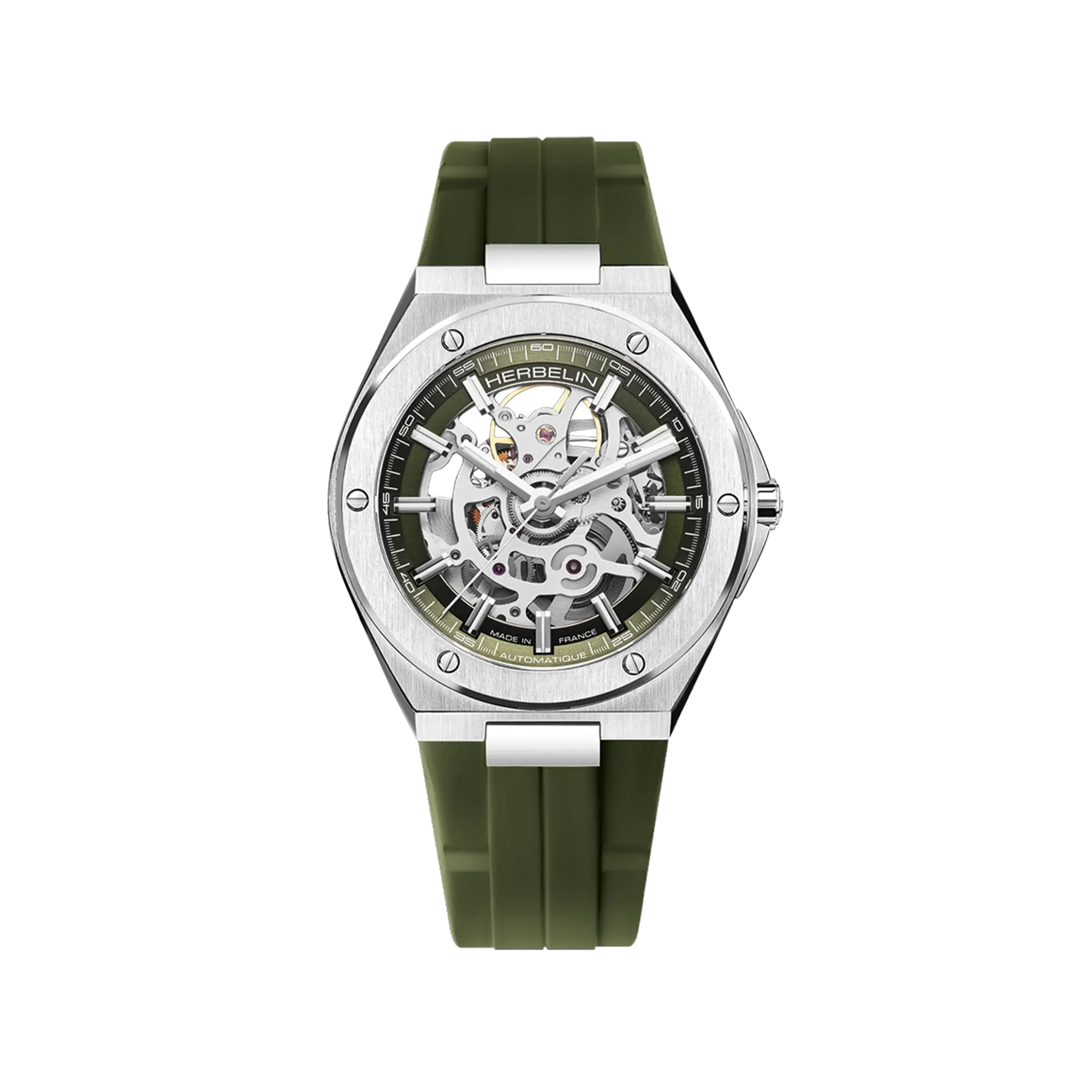 Cap Camarat squelette, cadran vert kaki, boîtier acier rond, bracelet caoutchouc