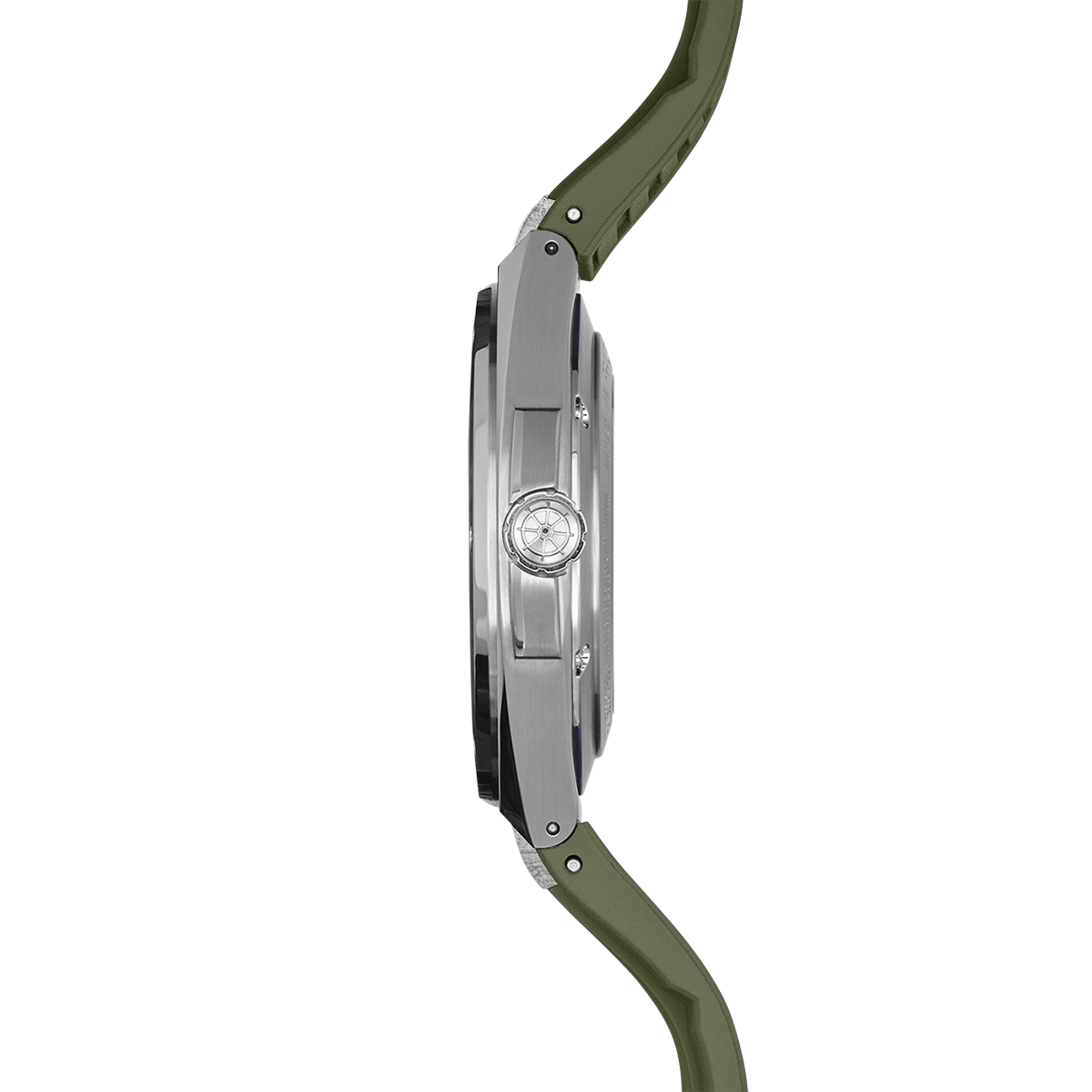 Vue de profil, tranche acier, couronne et attaches du bracelet caoutchouc
