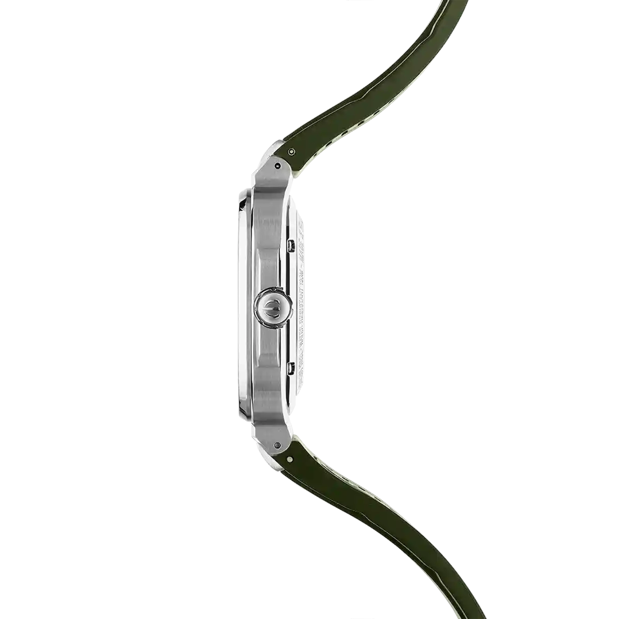 Vue de profil, tranche acier, couronne et attaches du bracelet caoutchouc