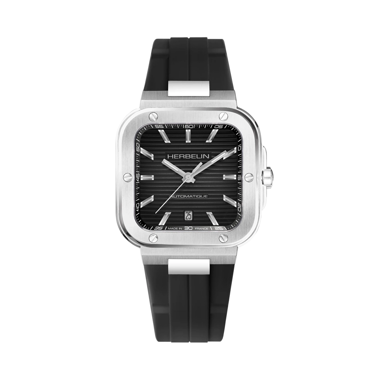 ⁣⁢Cap Camarat, esfera negra, caja cuadrada de acero, brazalete de caucho⁤⁣