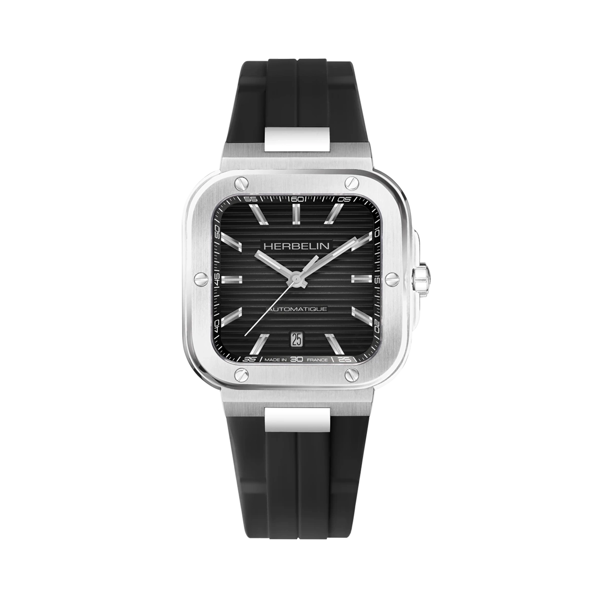 Cap Camarat, cadran noir, boîtier carré acier, bracelet caoutchouc