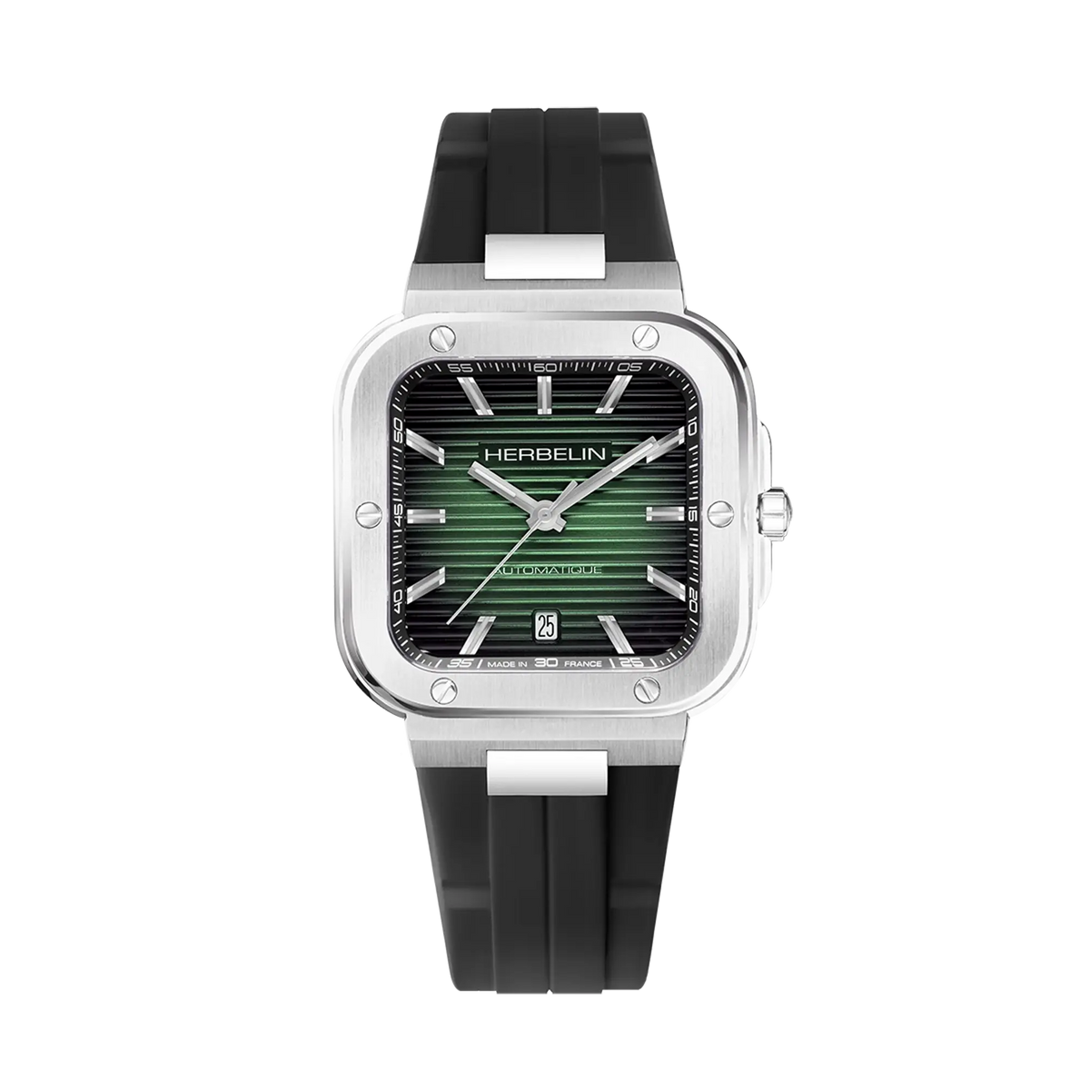 ⁣⁢Cap Camarat, esfera negra, caja cuadrada de acero, brazalete de caucho⁤⁣