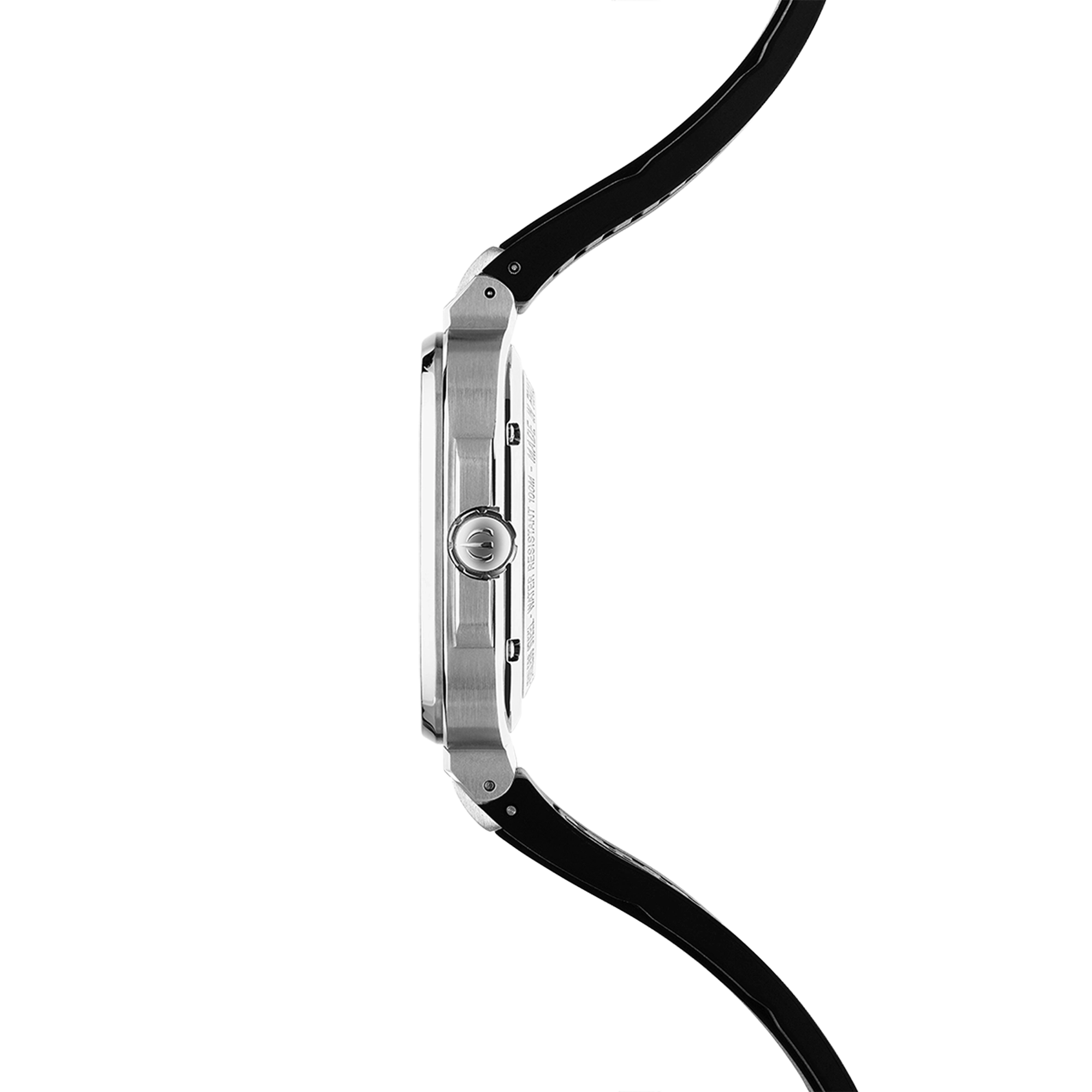 Vue de profil, tranche acier, couronne et attaches du bracelet caoutchouc