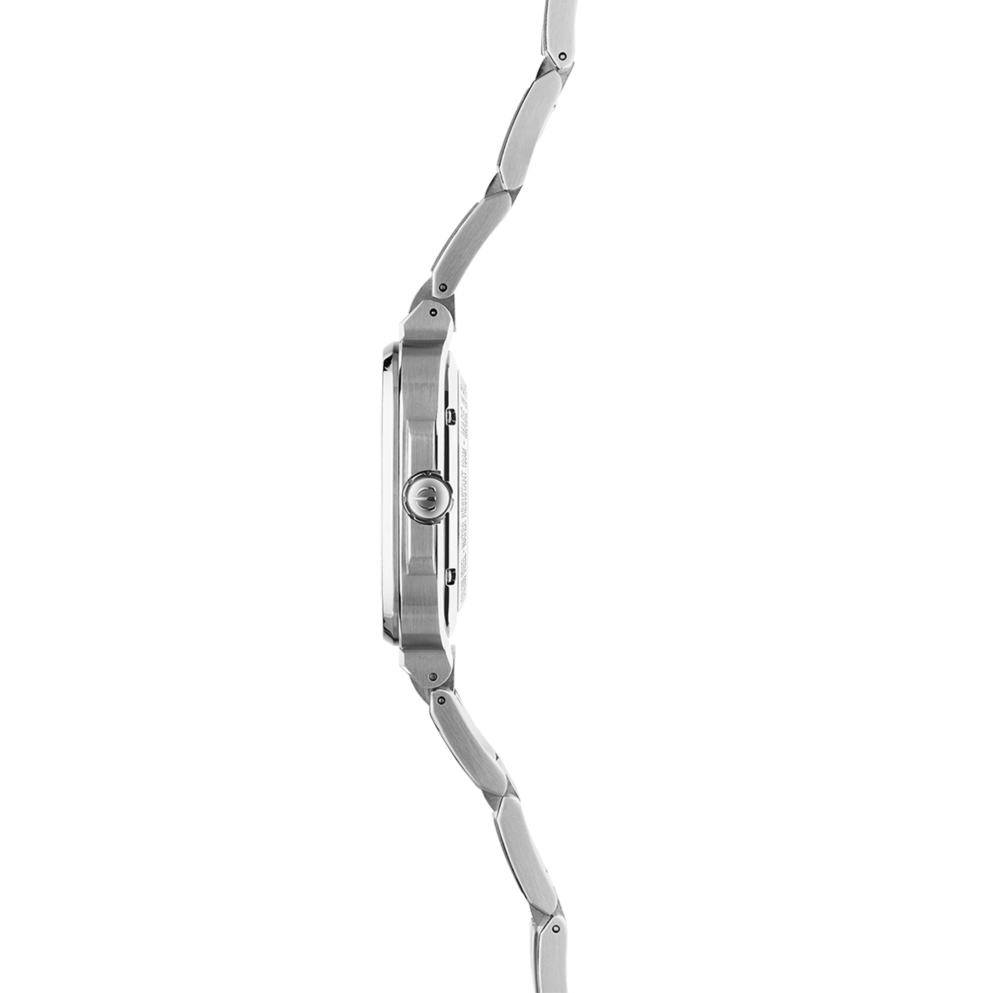 Vue de profil, tranche acier, couronne et attaches du bracelet acier