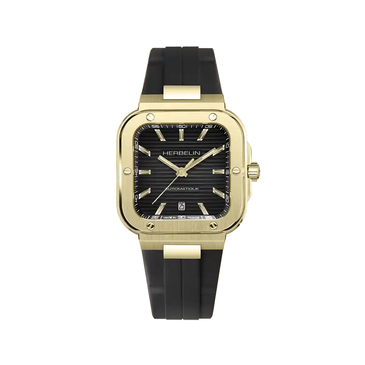 ⁣⁢Cap Camarat, esfera negra, caja cuadrada de acero PVD oro amarillo, brazalete de caucho⁤⁣