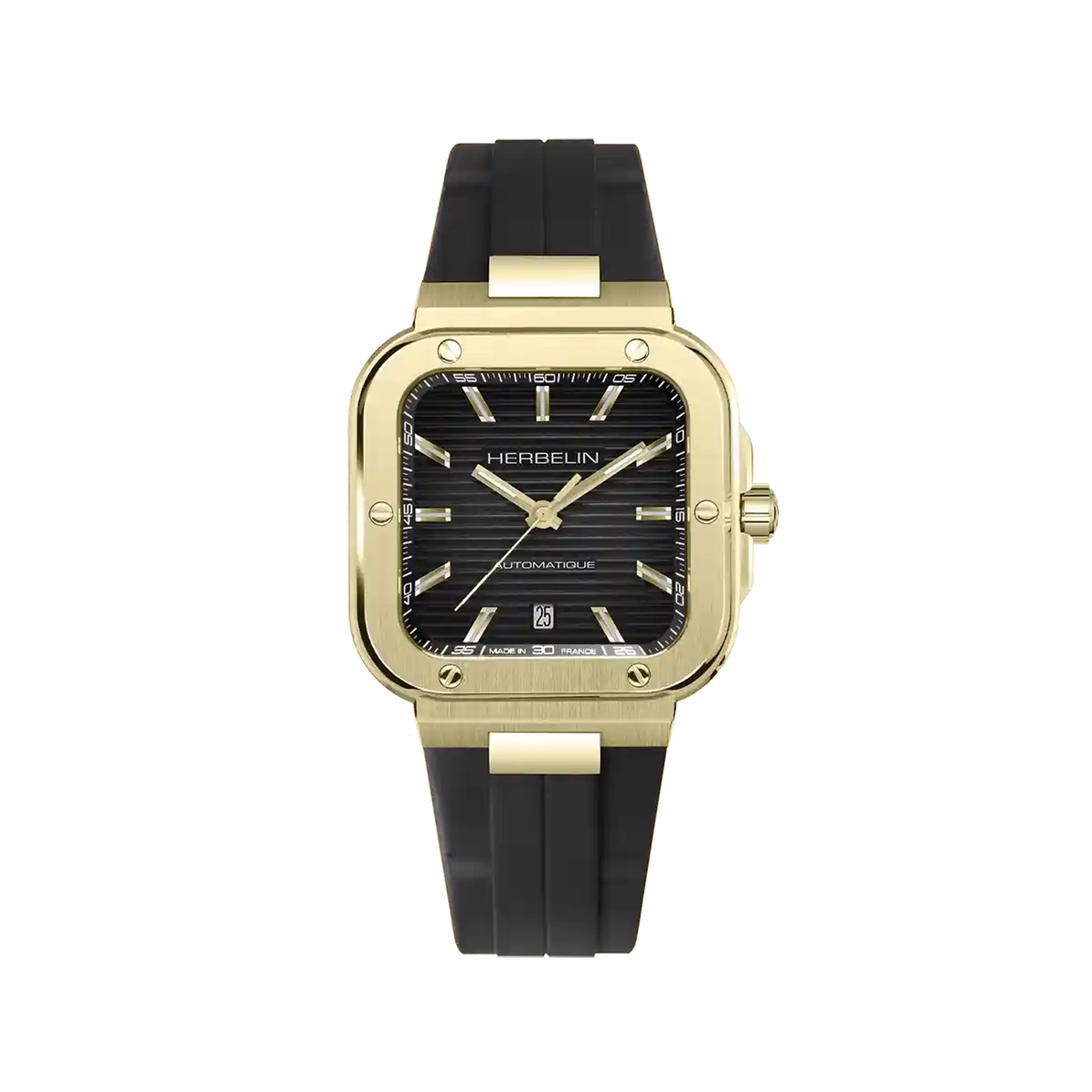 Cap Camarat, cadran noir, boîtier carré acier PVD or jaune, bracelet caoutchouc