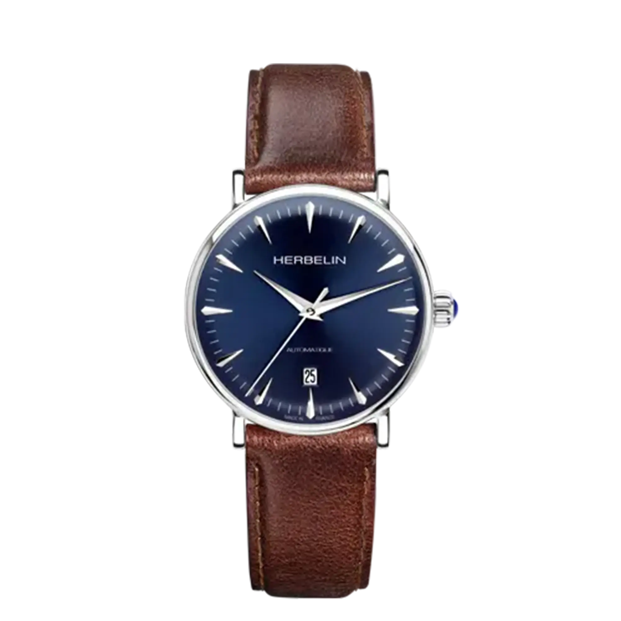 Inspiration, cadran bleu, boîtier acier rond, bracelet cuir