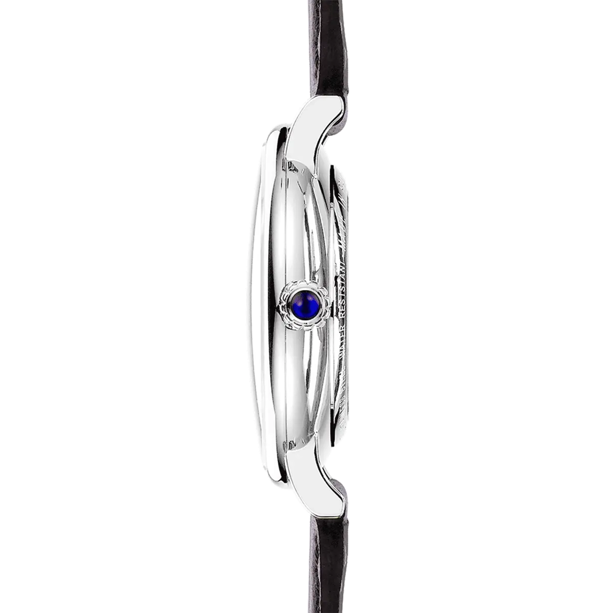 Vue de profil, tranche acier, couronne et attaches du bracelet cuir