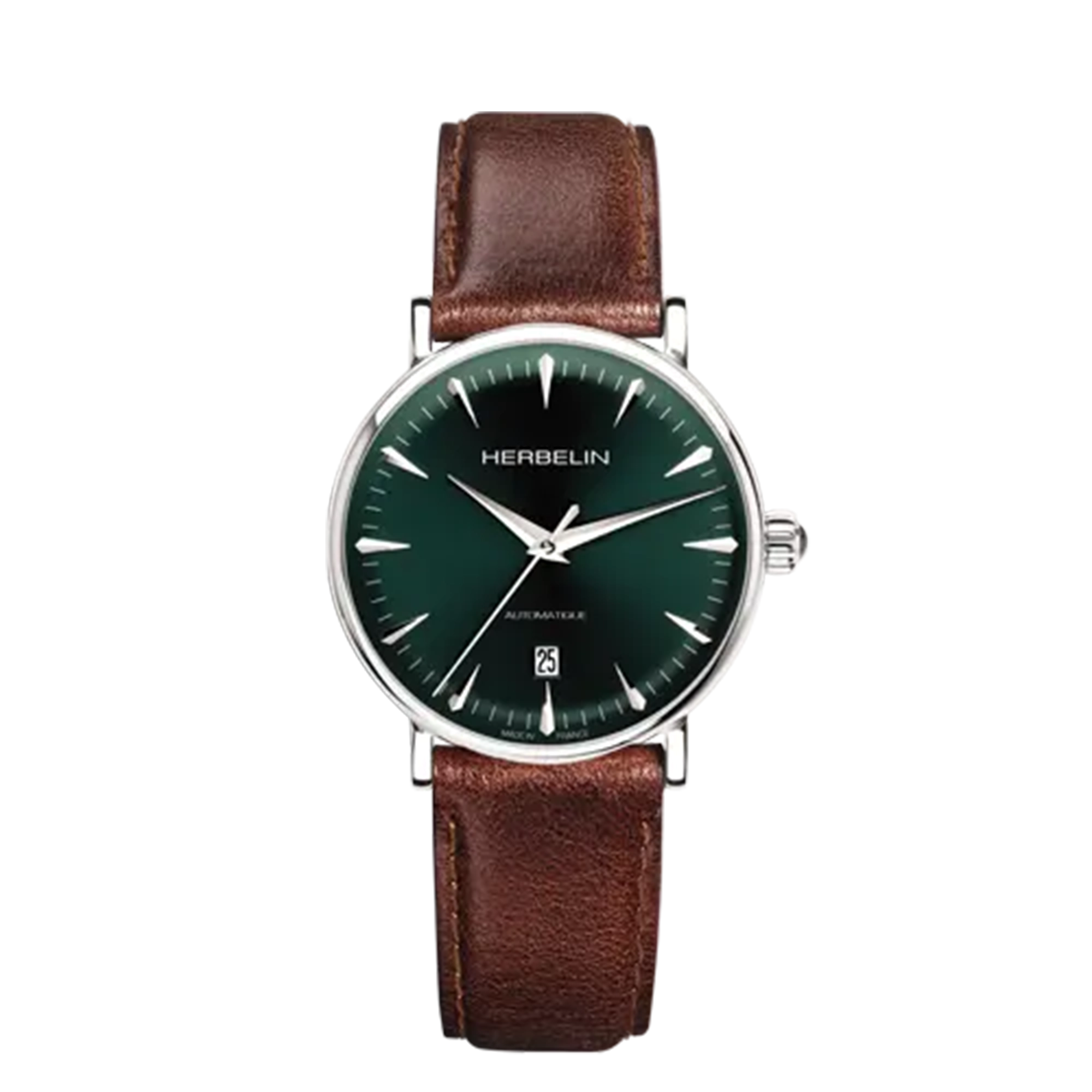 Inspiration, cadran soleillé, boîtier acier rond, bracelet cuir