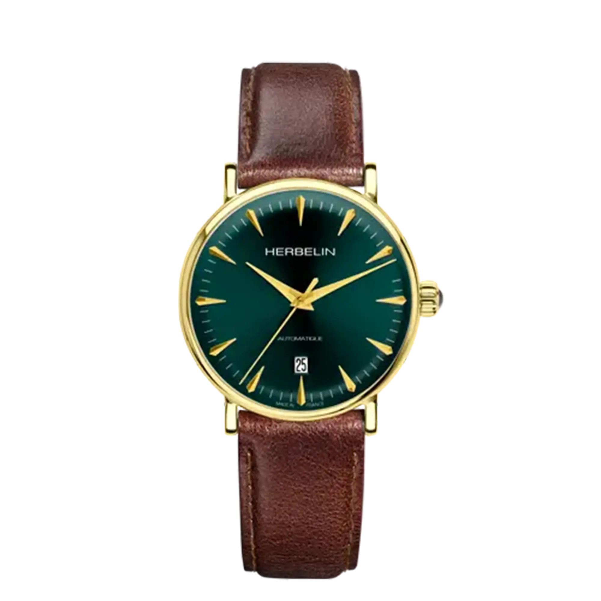 Inspiration, cadran soleillé, boîtier acier PVD or jaune rond, bracelet cuir