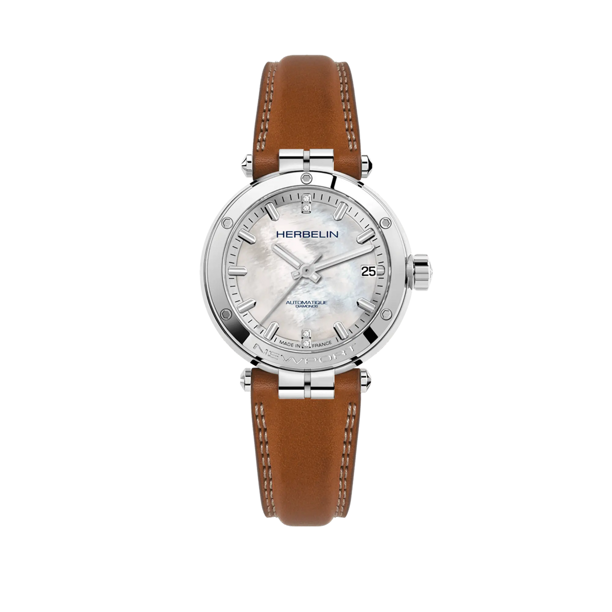 ⁣⁢Newport, quadrante madreperla bianca, cassa acciaio tonda, bracciale in pelle⁤⁣