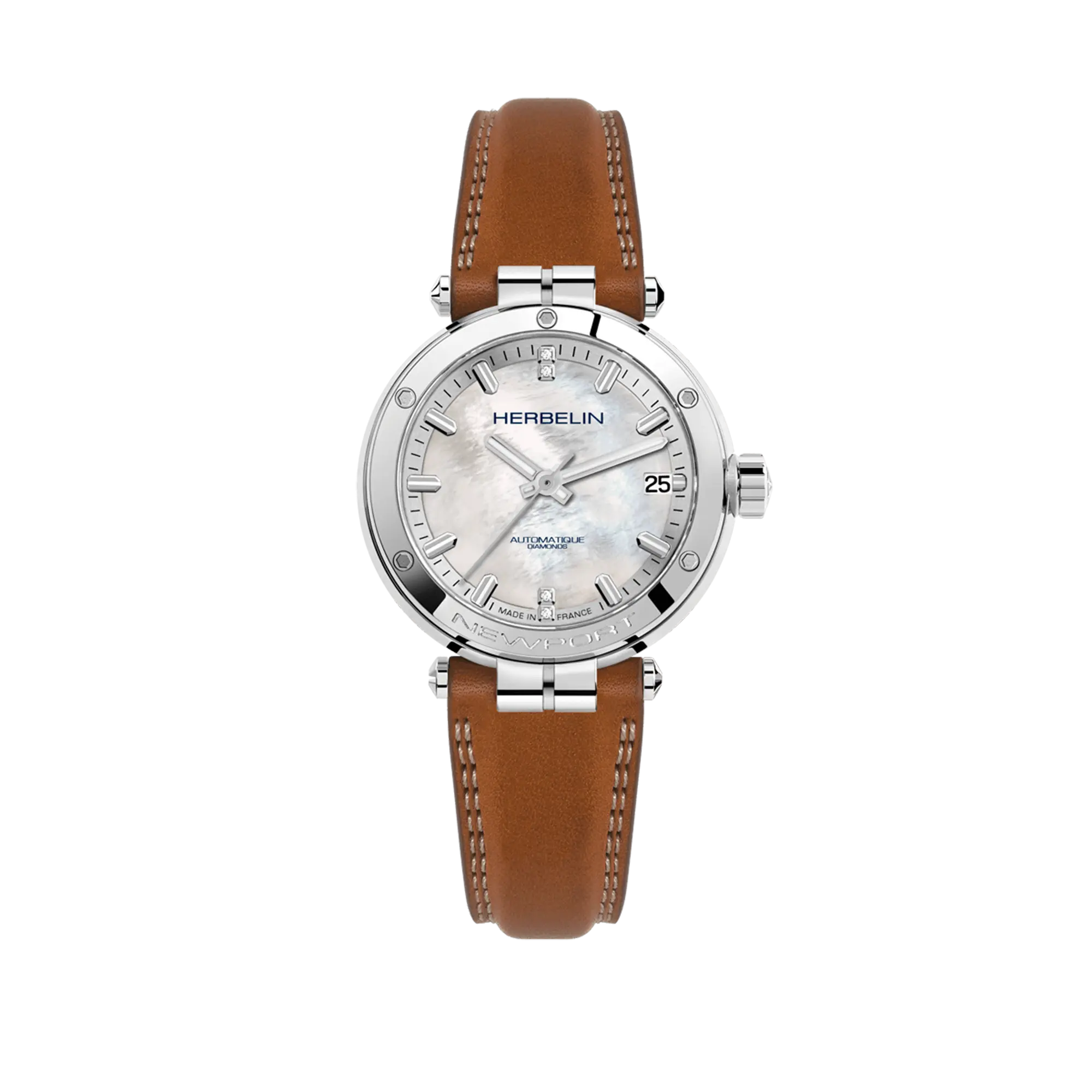 Newport, cadran nacre blanche, boîtier acier rond, bracelet cuir