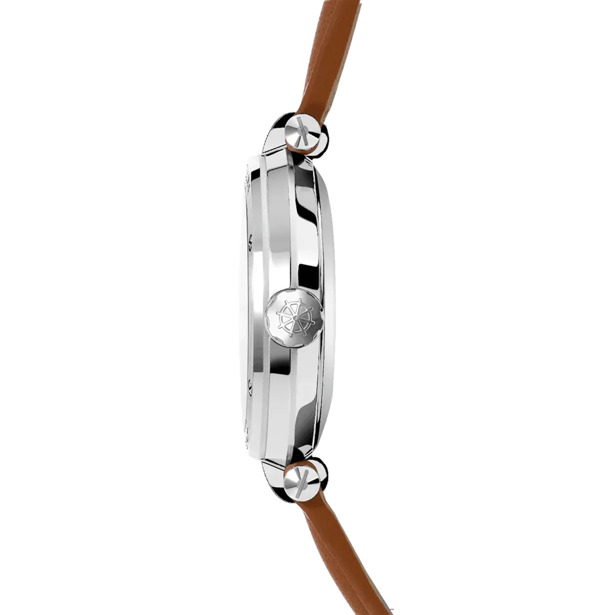 Vue de profil, tranche acier, couronne et attaches du bracelet cuir