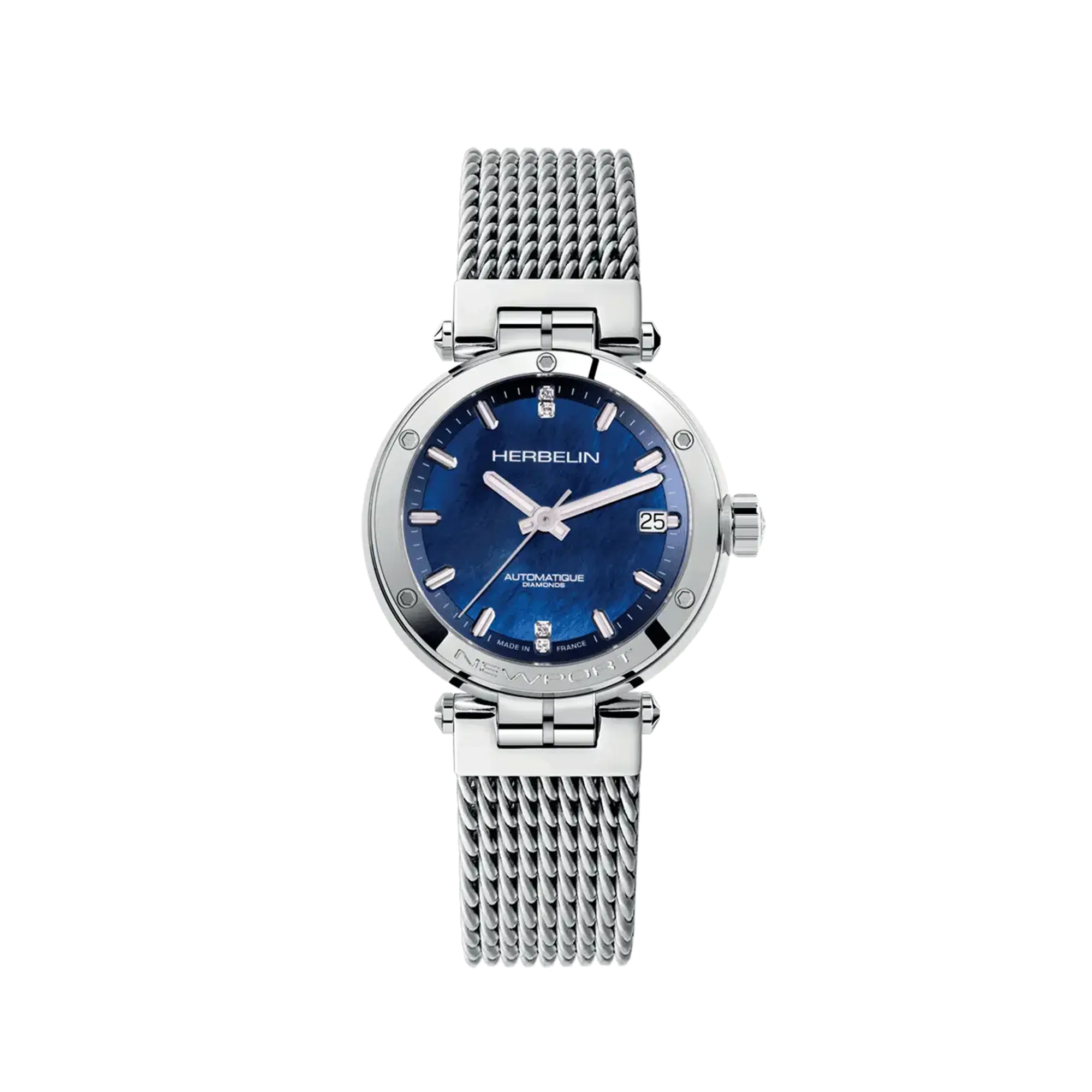 Newport, cadran nacre bleue, boîtier acier rond, bracelet acier