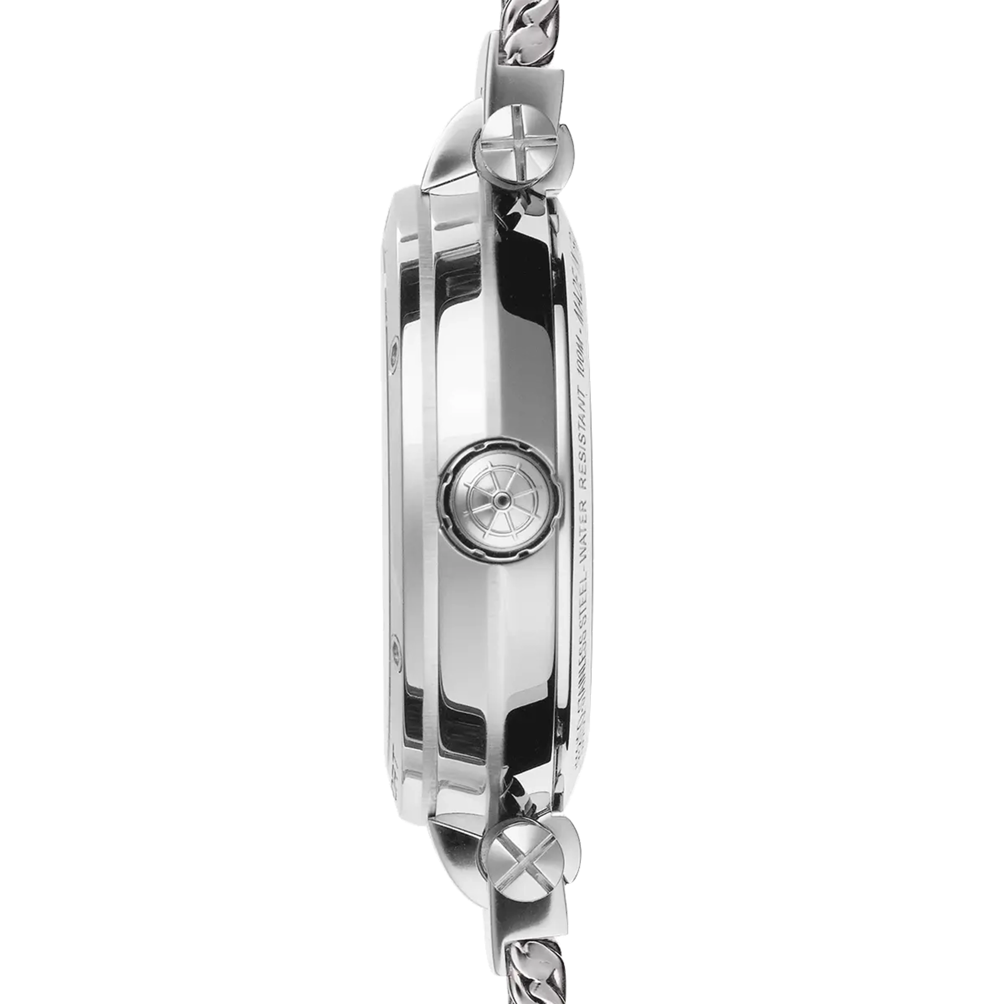 Vue de profil, tranche acier, couronne et attaches du bracelet acier