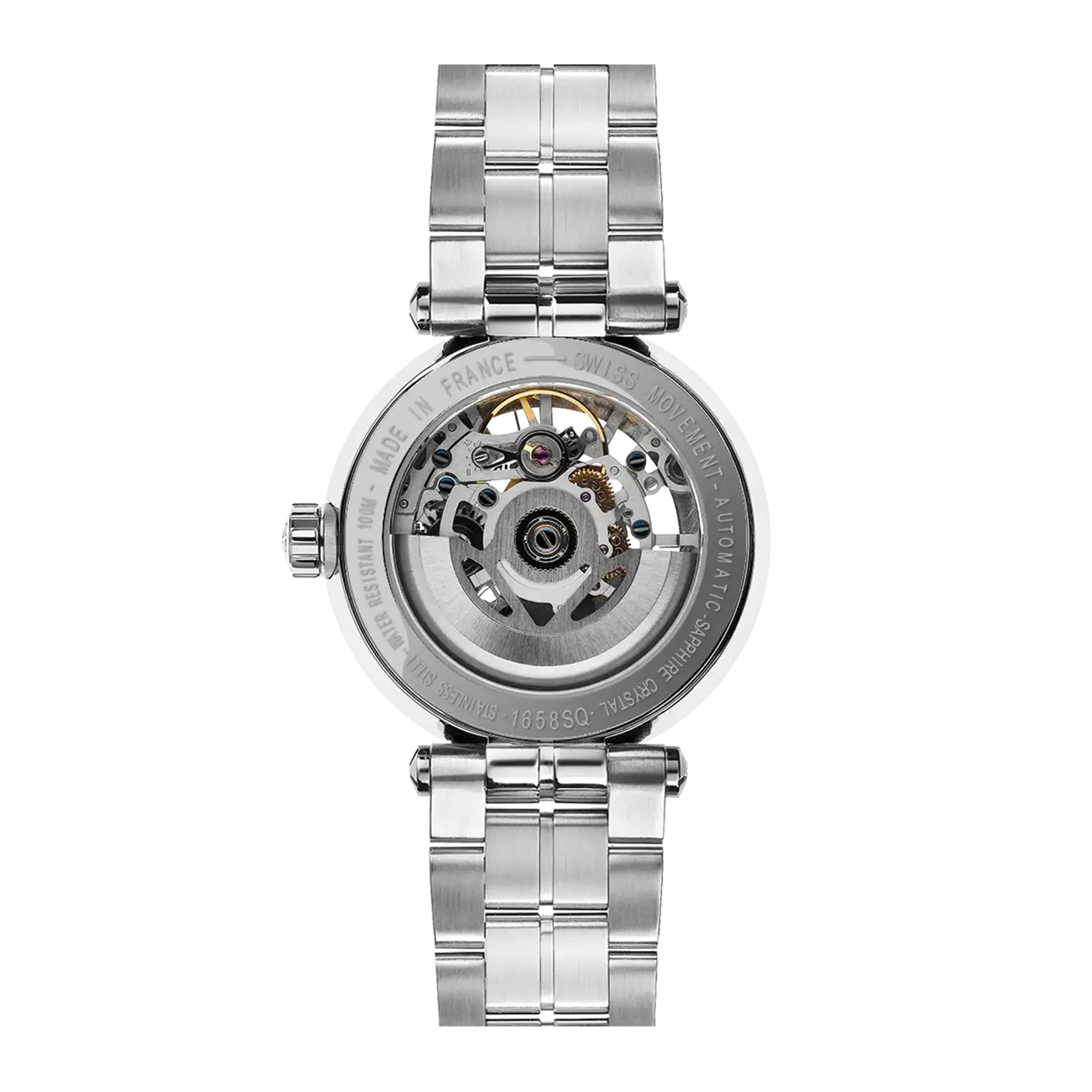 Fond saphir transparent de la Newport squelette, mécanisme automatique apparent