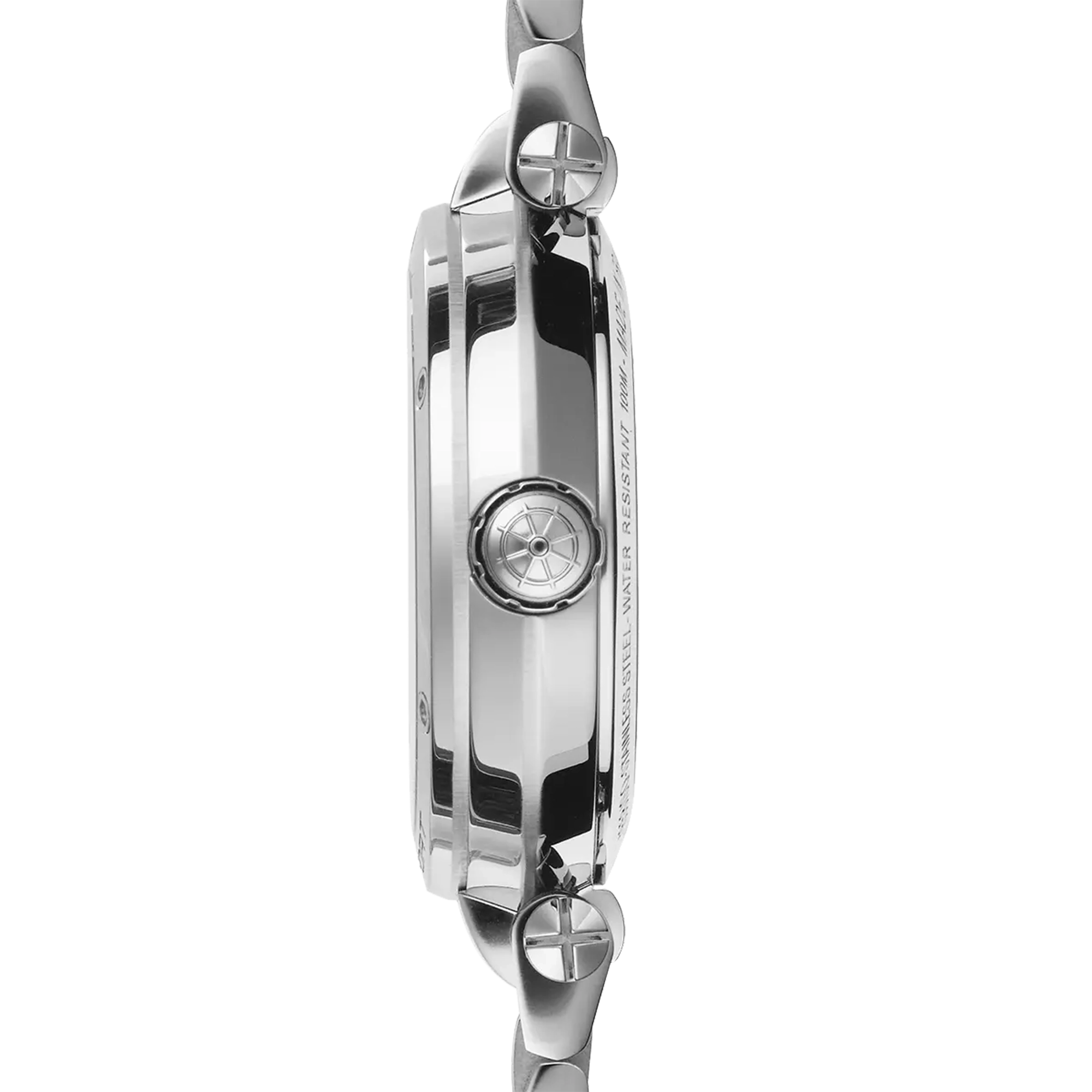 Vue de profil, tranche acier, couronne et attaches du bracelet acier