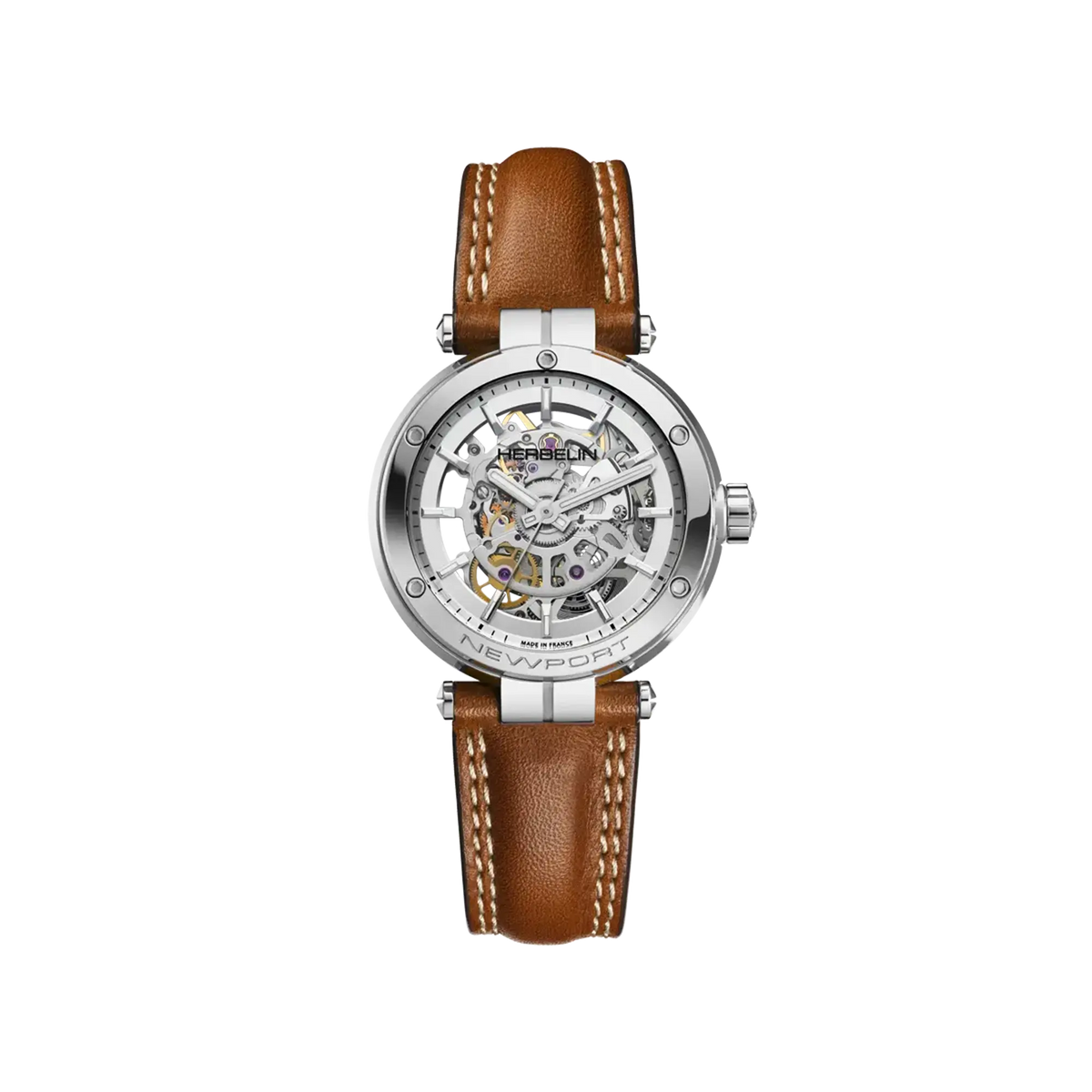 ⁣⁢Newport scheletrato, quadrante argenté, cassa in acciaio rotonda, bracciale in pelle⁤⁣