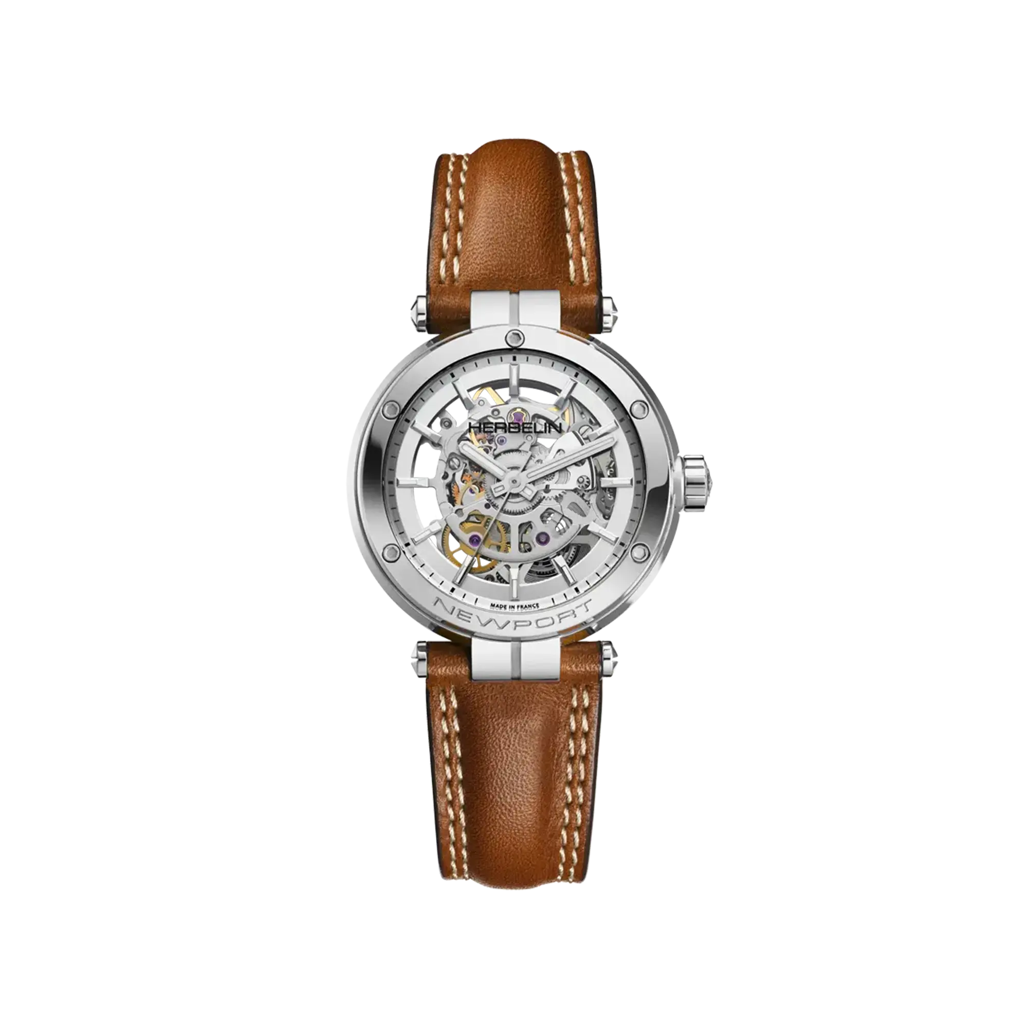 Newport squelette, cadran argent, boîtier acier rond, bracelet cuir