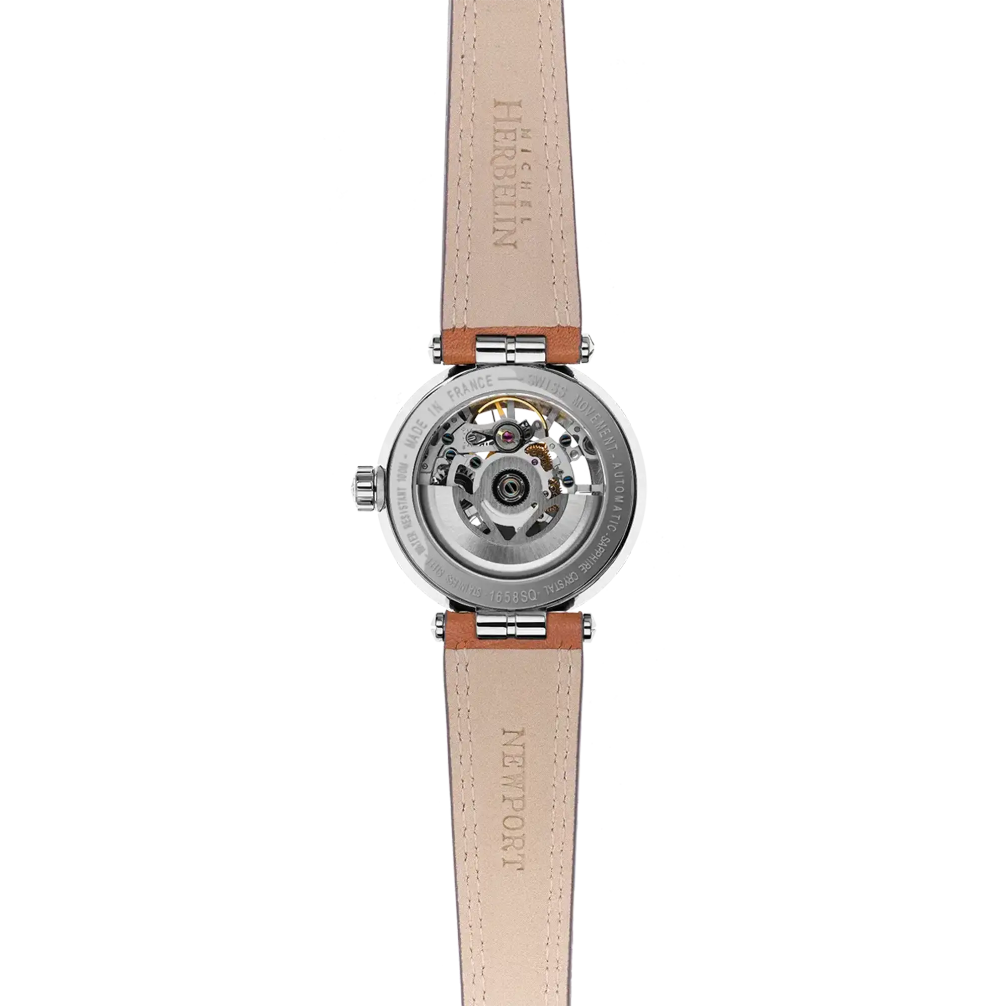 Fond saphir transparent de la Newport squelette, mécanisme automatique apparent