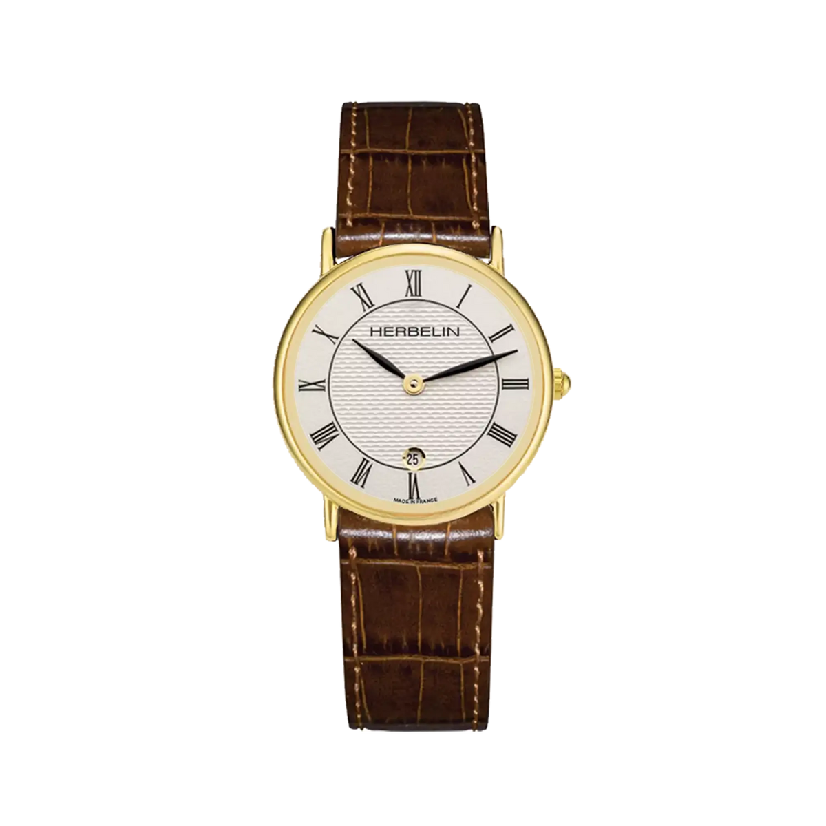 ⁣⁢Classique, zilverkleurige wijzerplaat met guilloché, ronde stalen kast met geelgouden PVD, lederen band⁤⁣