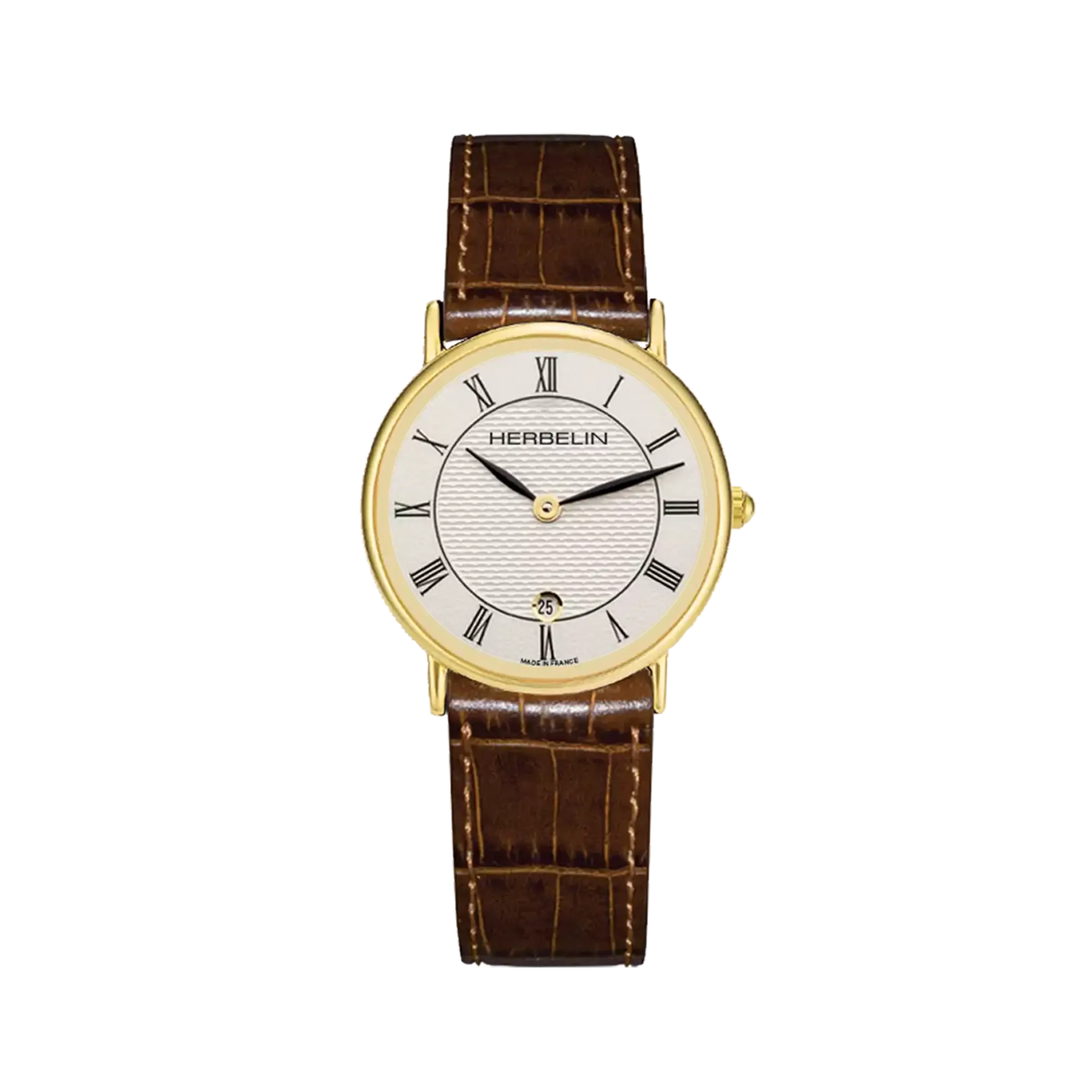 Classique, cadran argent guilloché, boîtier acier PVD or jaune rond, bracelet cuir