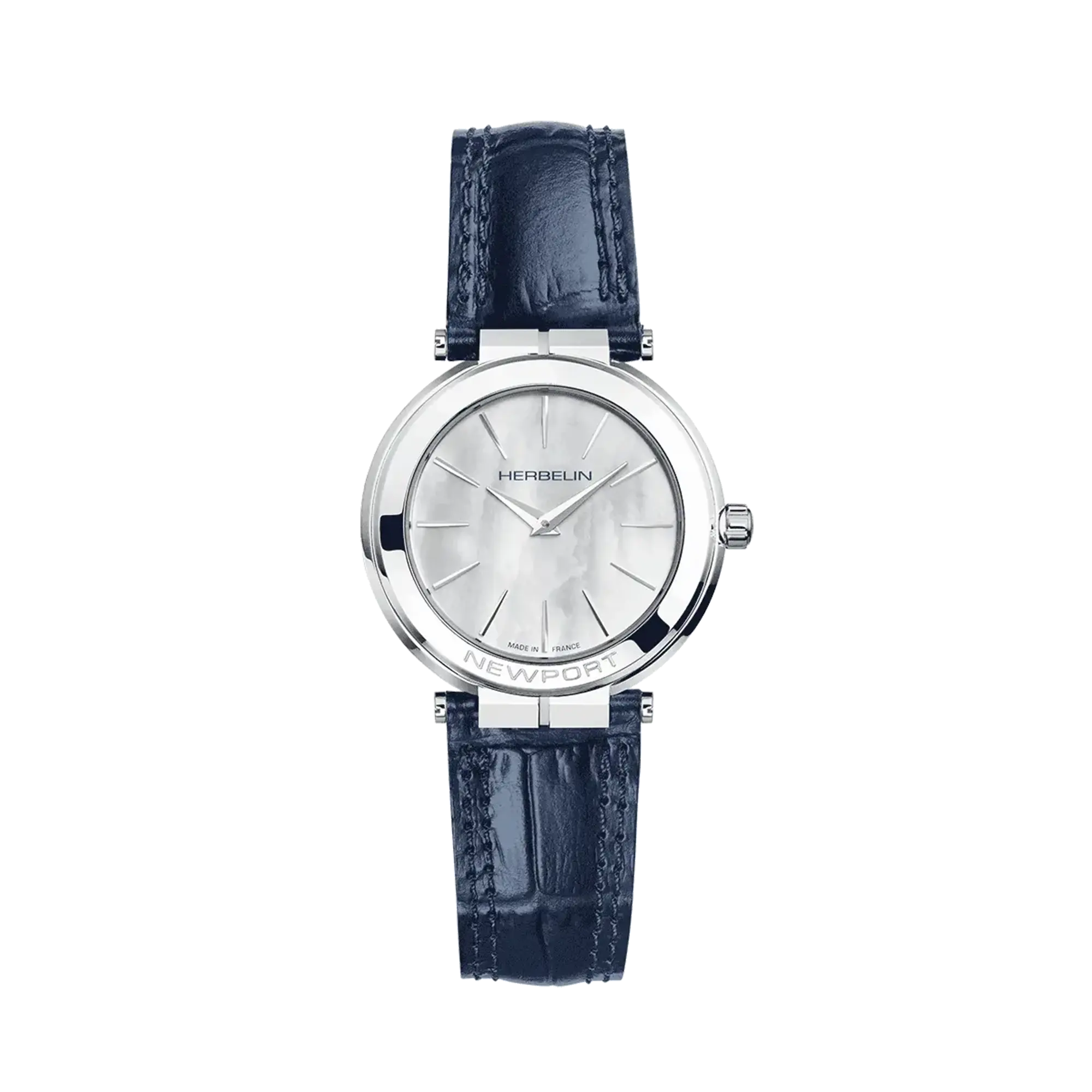 Newport, cadran nacre blanche, boîtier acier rond, bracelet cuir