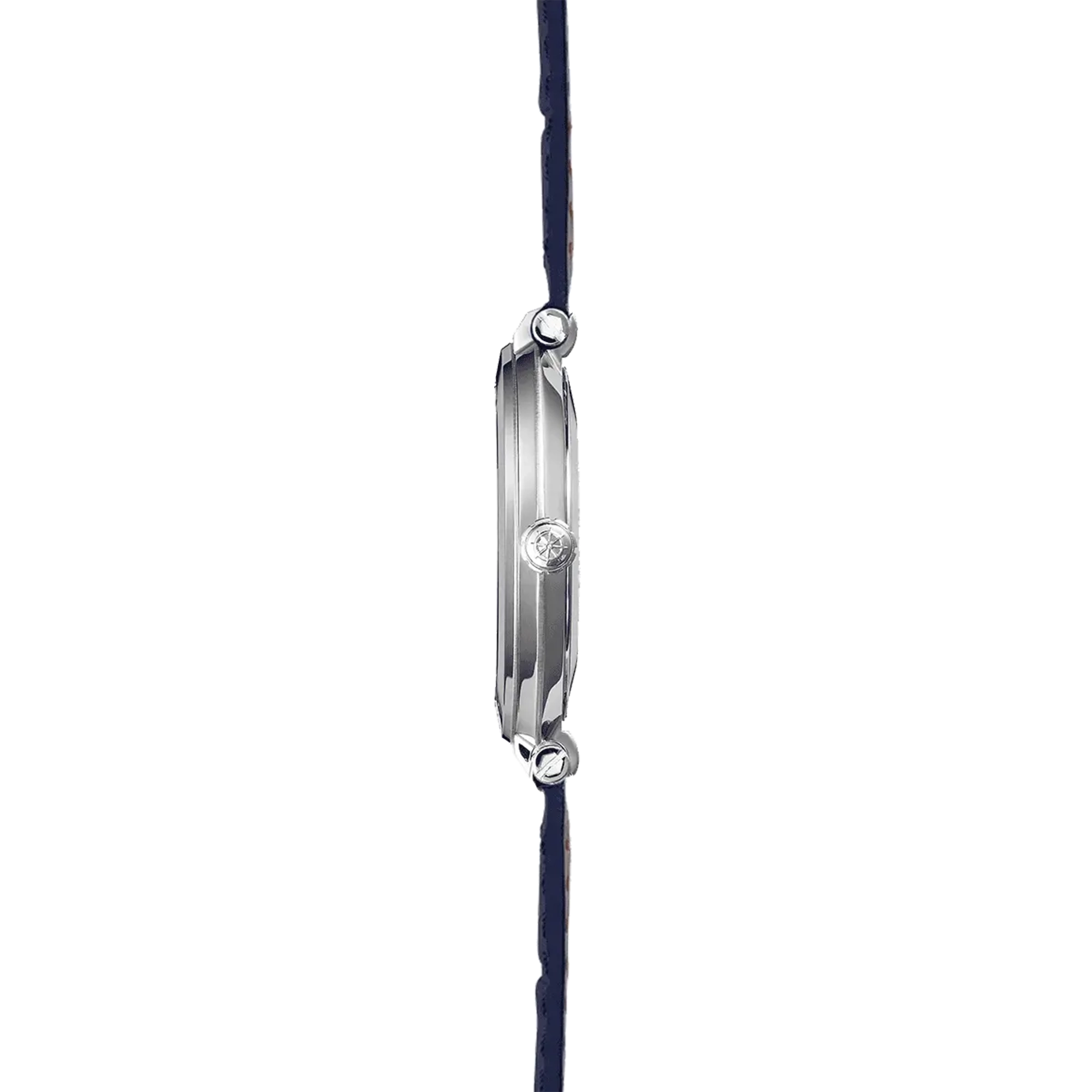 Vue de profil, tranche acier, couronne et attaches du bracelet cuir