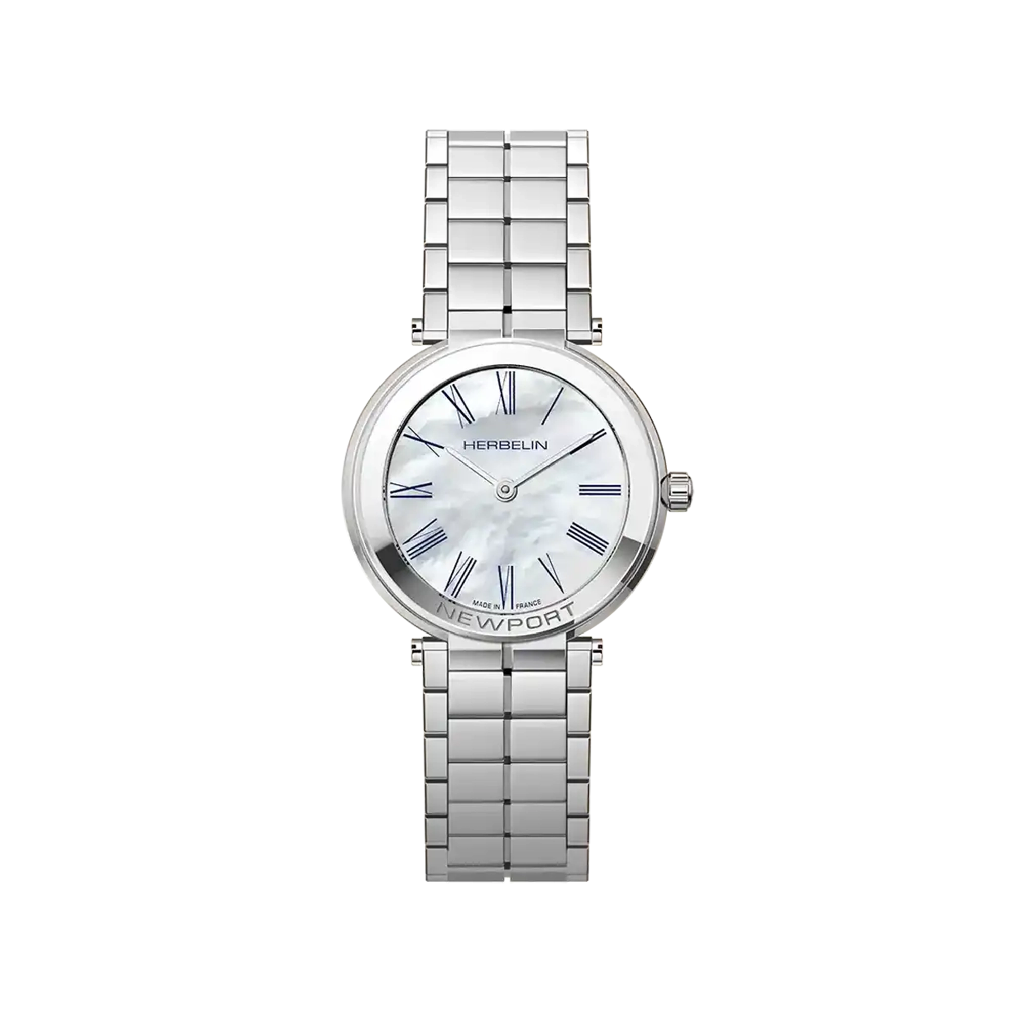 Newport, cadran nacre blanche, boîtier acier rond, bracelet acier