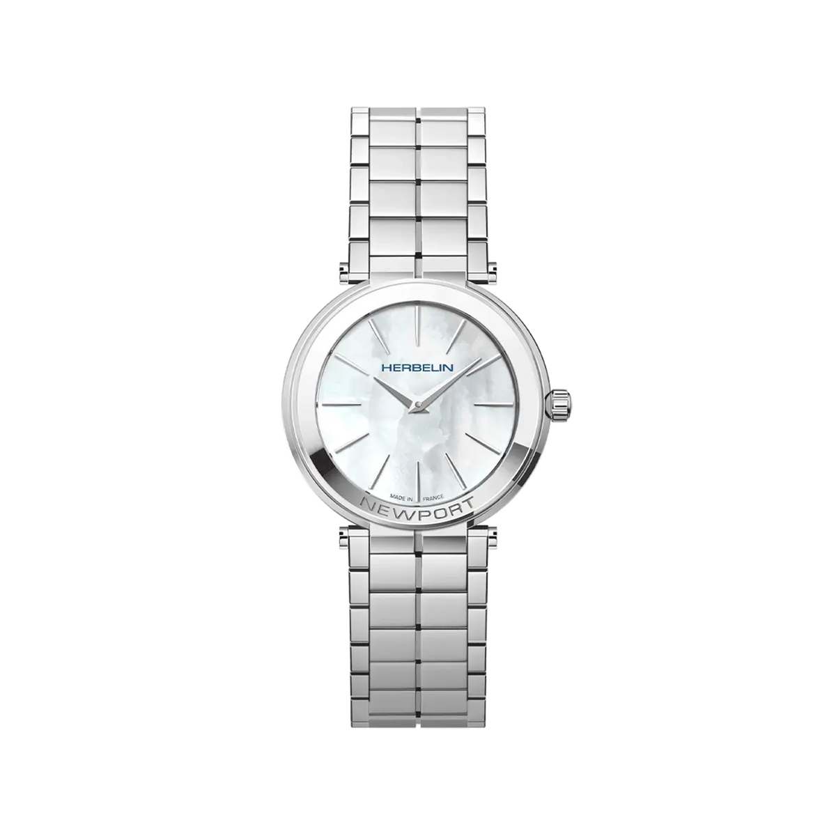 ⁣⁢Newport, quadrante madreperla bianca, cassa acciaio tonda, bracciale acciaio⁤⁣