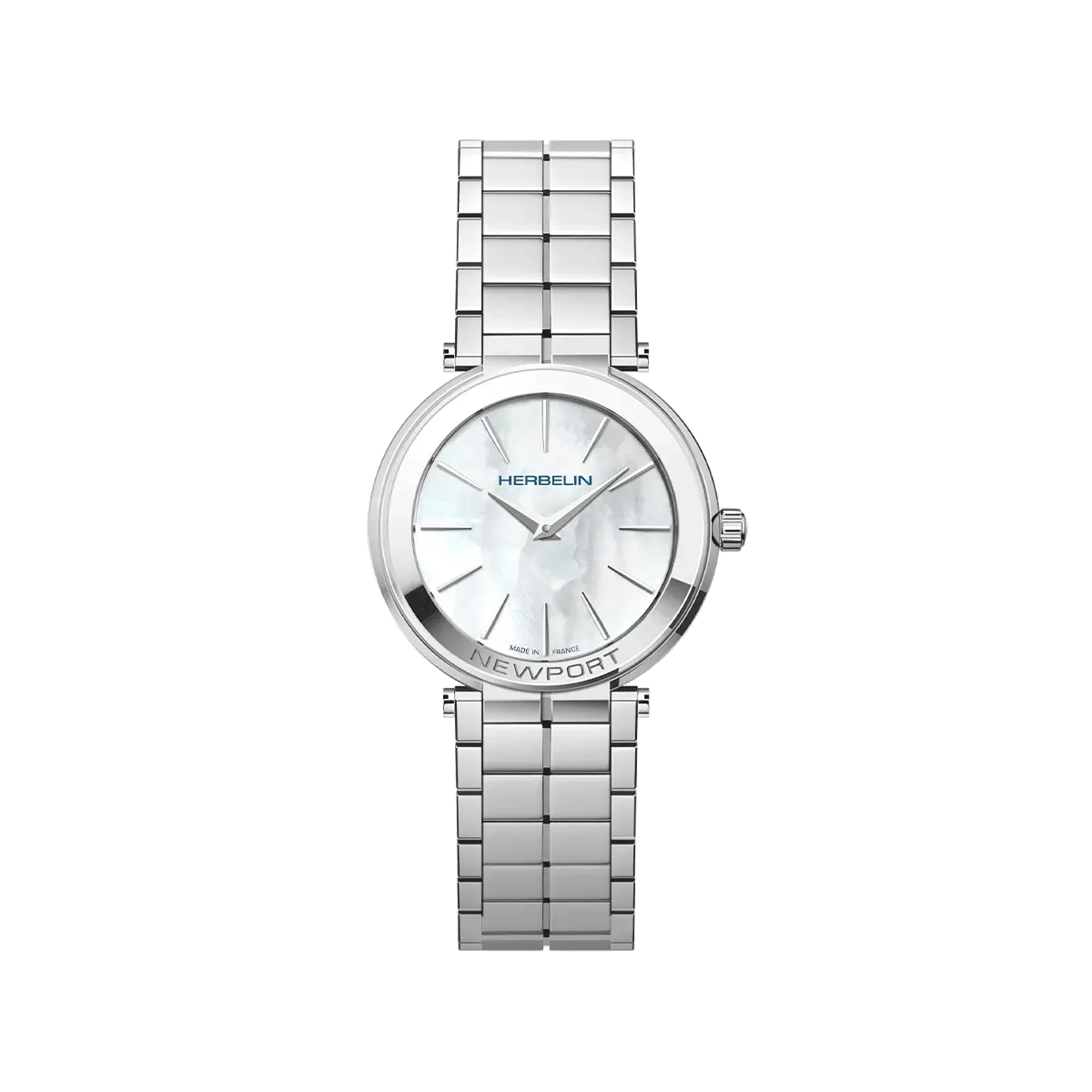 Newport, cadran nacre blanche, boîtier acier rond, bracelet acier