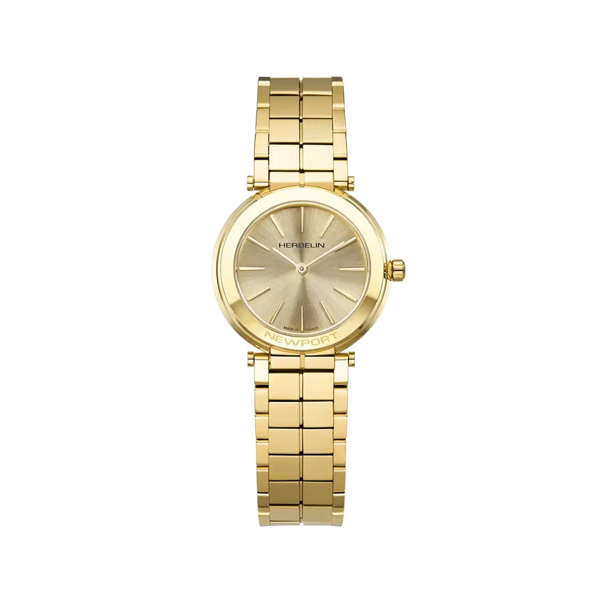 Newport, cadran champagne, boîtier acier PVD or jaune rond, bracelet acier bicolore