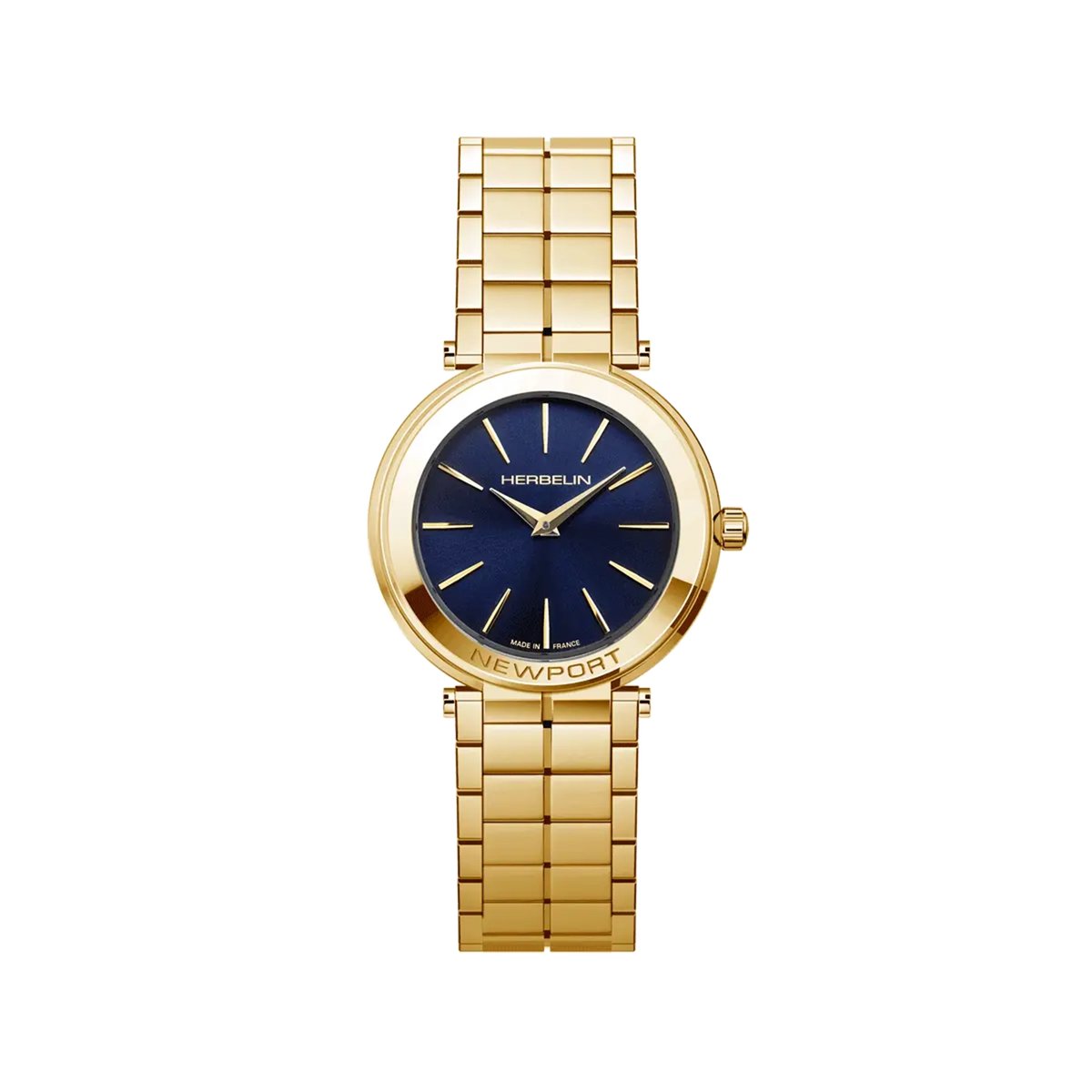 ⁣⁢Newport, quadrante bleu profond, boîtier acier PVD or jaune rond, bracelet acier bicolore⁤⁣