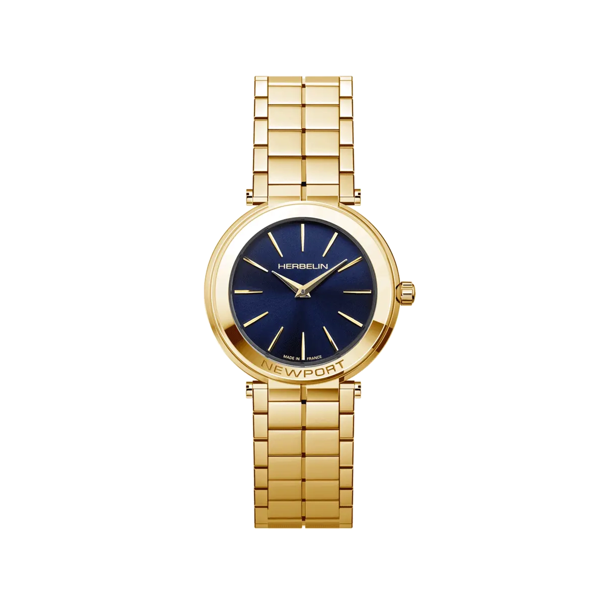 Newport, cadran bleu profond, boîtier acier PVD or jaune rond, bracelet acier bicolore