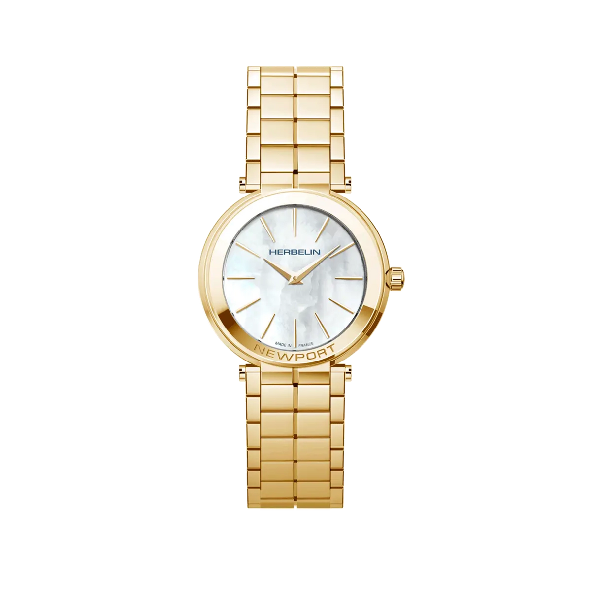⁣⁢Newport, quadrante madreperla bianca, cassa acciaio PVD oro giallo tonda, bracciale acciaio bicolore⁤⁣