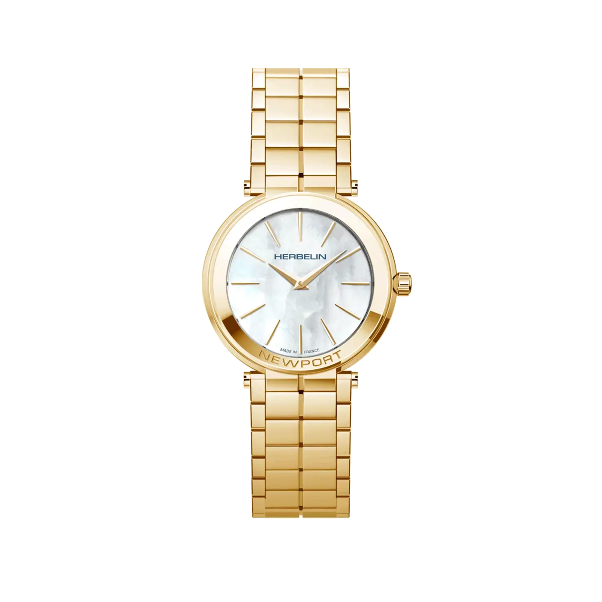 Newport, cadran nacre blanche, boîtier acier PVD or jaune rond, bracelet acier bicolore
