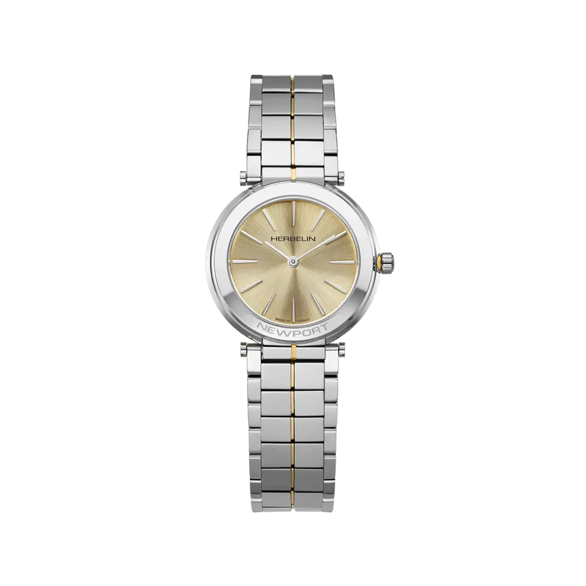 ⁣⁢Newport, quadrante champagne, cassa in acciaio PVD oro giallo tonda, bracciale in acciaio bicolore⁤⁣