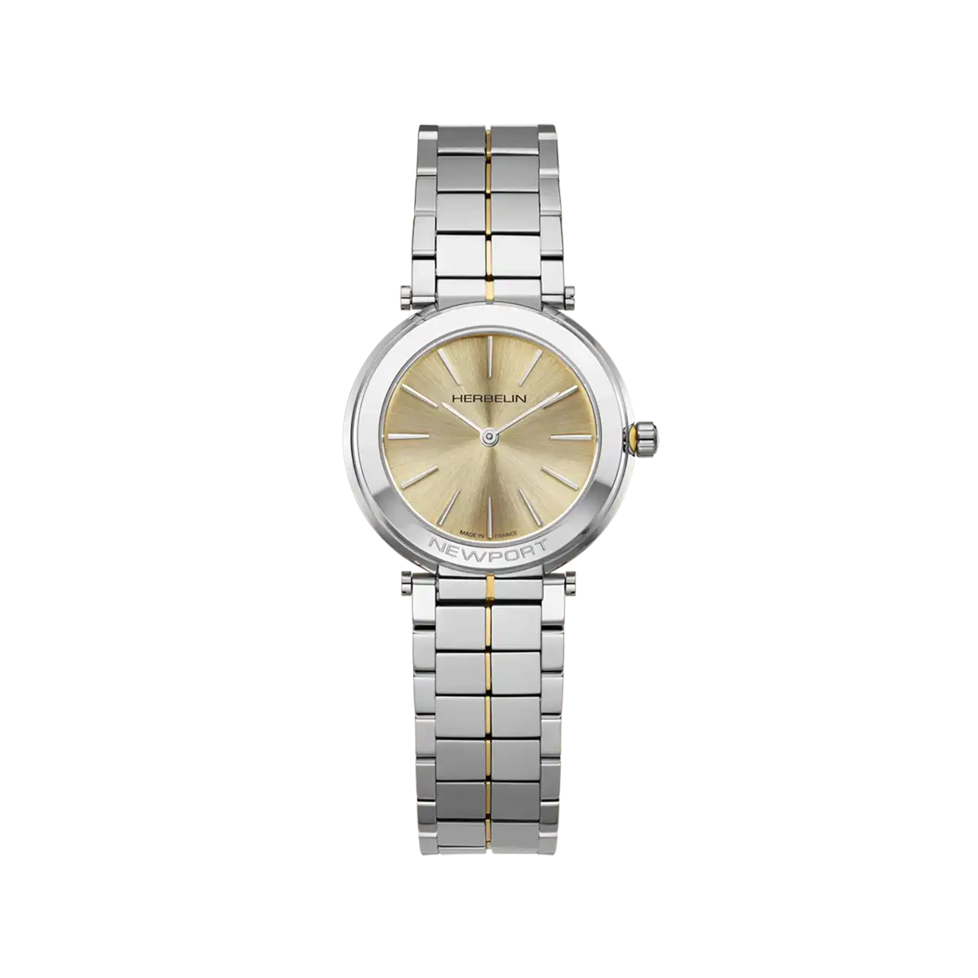 Newport, cadran champagne, boîtier acier PVD or jaune rond, bracelet acier bicolore