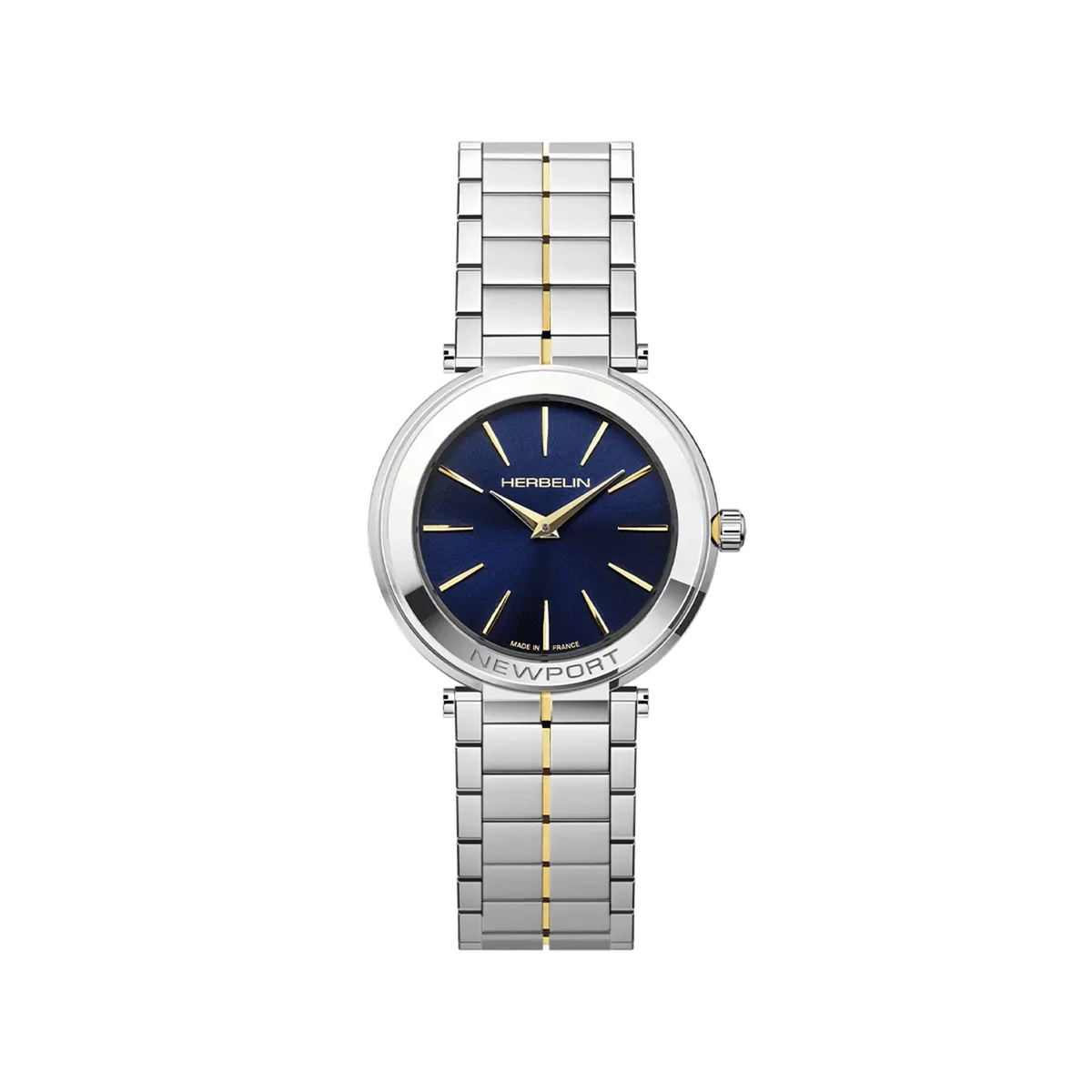 ⁣⁢Newport, quadrante bleu profond, boîtier acier PVD or jaune rond, bracelet acier bicolore⁤⁣