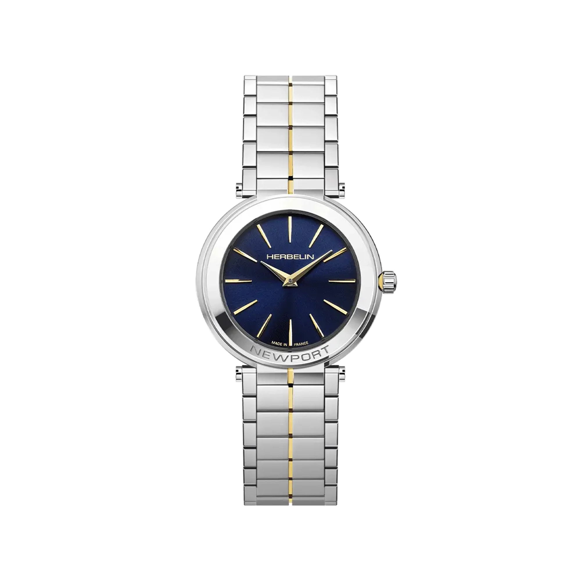 Newport, cadran bleu profond, boîtier acier PVD or jaune rond, bracelet acier bicolore