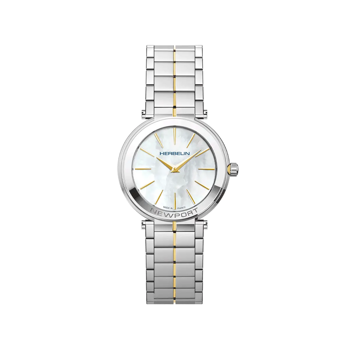 ⁣⁢Newport, quadrante madreperla bianca, cassa acciaio PVD oro giallo tonda, bracciale acciaio bicolore⁤⁣