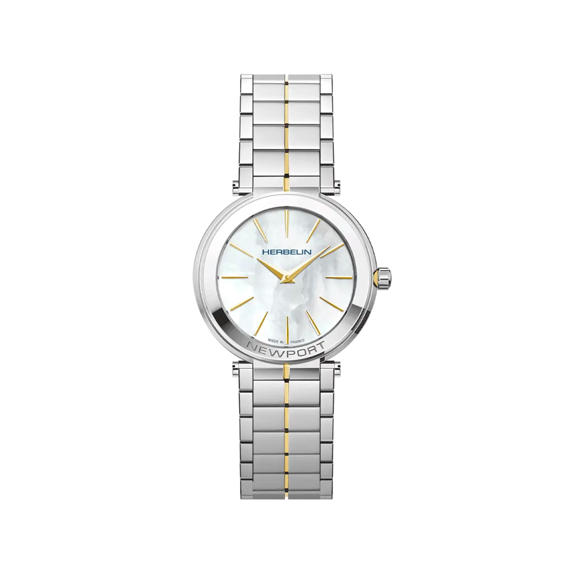 Newport, cadran nacre blanche, boîtier acier PVD or jaune rond, bracelet acier bicolore