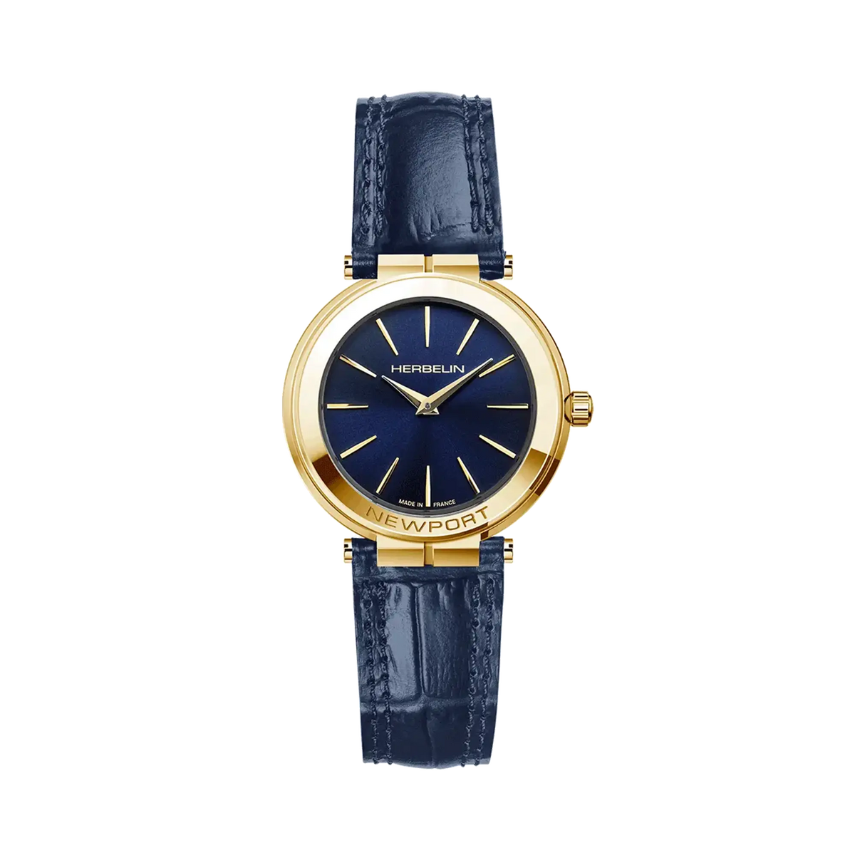 ⁣⁢Newport, quadrante blu profondo, cassa in acciaio PVD oro giallo rotonda, cinturino in pelle⁤⁣