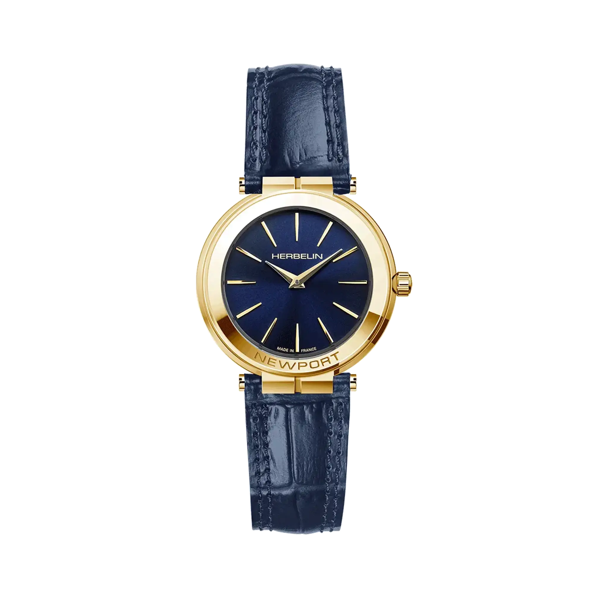 Newport, cadran bleu profond, boîtier acier PVD or jaune rond, bracelet cuir