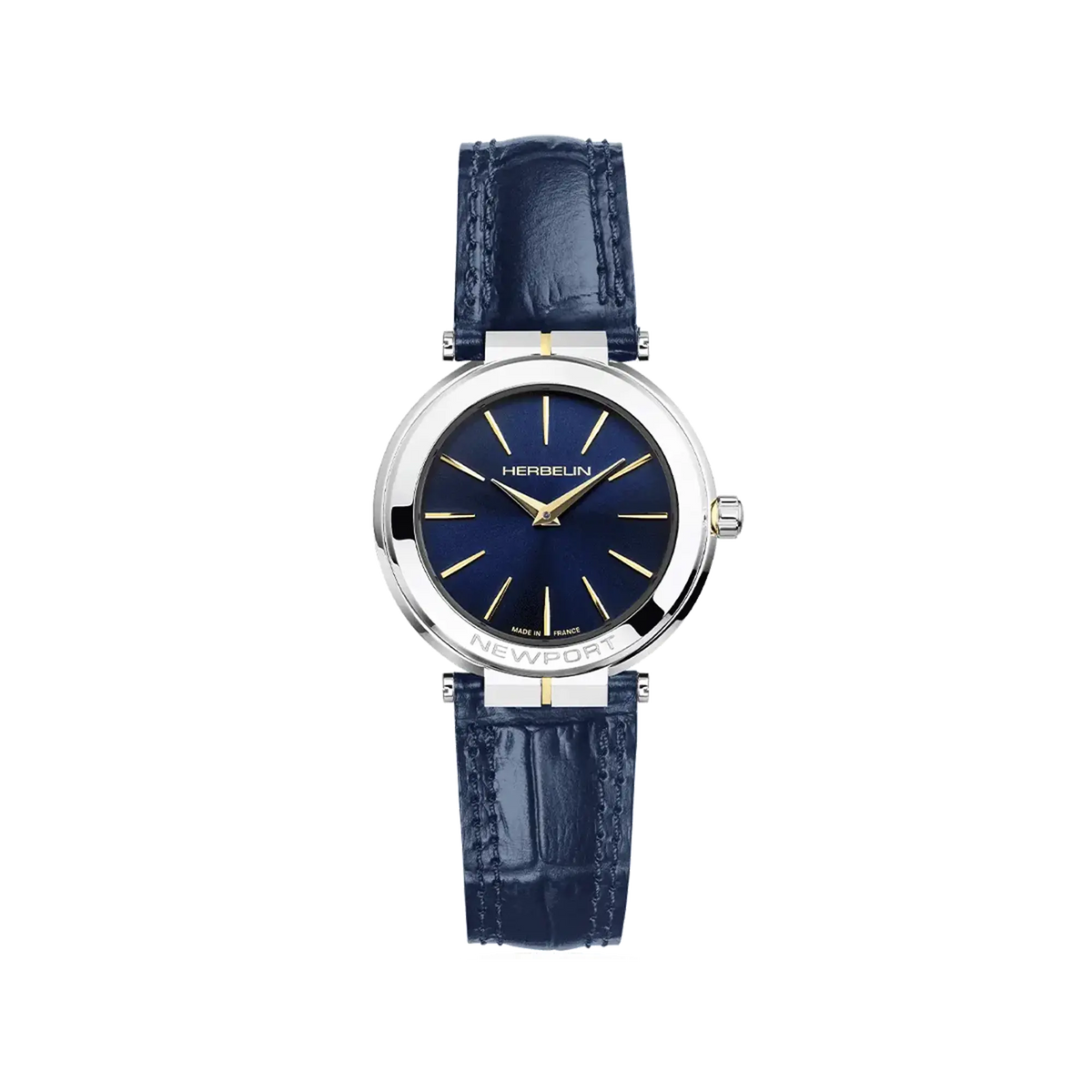 ⁣⁢Newport, quadrante blu profondo, cassa in acciaio rotonda, cinturino in pelle⁤⁣